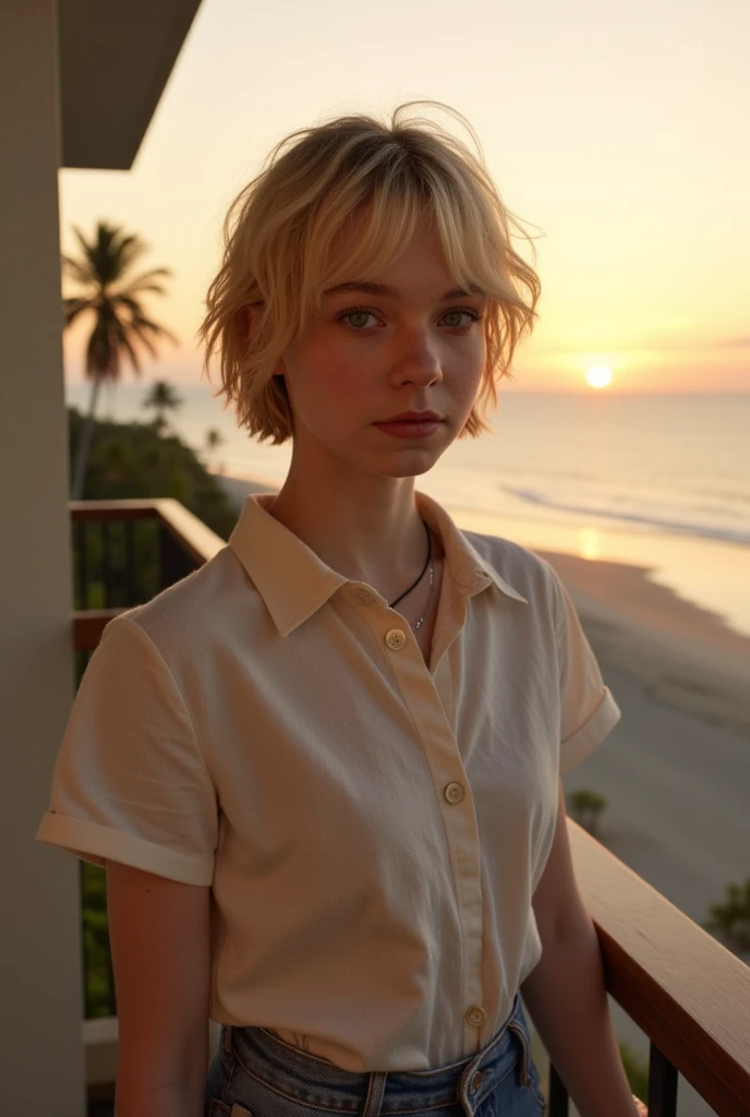 ((Best Quality)) ,((masutepiece)),((hight resolution)),((photorealestic:1.4)), ((RAW photo)),(8K), (1 girl Emma Myers at 15 ),((photo of a  girl )(Emma Myers at 16), (Shirt), (Blonde woman with very short shaggy hair), (extremely short hair), ((so sexy)), ((very extremely beautiful)), hotel balcony in the tropics,  face , actress Sophie Grace at 14, looks into the ocean, Slender, Thin, sculpted hips ,graceful knees, short shorts for small butts , beautiful view from the balcony to the ocean and palm trees, sunset over the ocean, Realistic light, eye shadow, Bottom-front view in (Half-turn) ,very thin and slender girl, girl looking to the right of the camera,(Actress Emma Myers at 16)