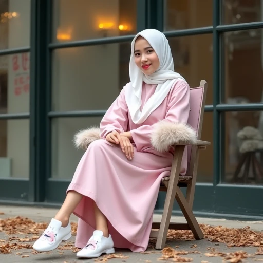 Sweet beautiful Bogor city girl, sweet georgeus face, 22 years old, slim body, wavy hairs, wearing hijab, weariing white trousers, weariing higih heels, realistic, very detail,