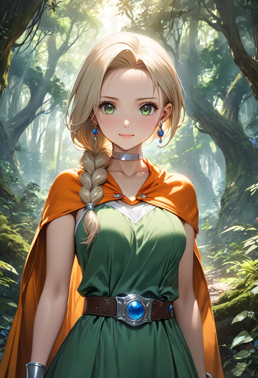 (DQ Bianca, single braid, hair over shoulder, earrings, silver choker, orange cape, green dress, belt, sleeveless, forehead:1.2), ultra-realism, fantasy art scene set in a mystical forest, where sunlight beams pierce through the dense canopy of trees, (cute face, adult face:1.1), from front, cowboy shot, BREAK (masterpiece, best quality:1.2), 