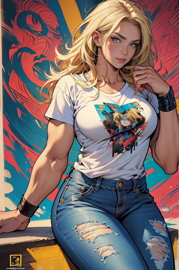 raw photo, ::comix style by marc silvestri:: beautiful woman ashley alexiss european perfect and detailed, style ::2.0 comix illustration style,tatoon style , man model ultra detailed, (beautiful and clear background:1.2),, fantastic paintings ,graffit style, olhos altamente detalhados , a white t-shirt or tatoon stamp , blond hair, masterpiece, best quality, high quality, highres, detail enhancement, ((most beautiful image in the world)), masterpiece, best quality, high quality, highres, detail enhancement, ((most beautiful image )),with short, shiny black hair, wearing a large round-neck t-shirt, wearing jeans, five legs, like yellow sneakers, emphasizing the integrity of the human body, emphasis on the correct 5 fingers on each hand and the correct shadow, , bright image, art by stanley artgerm lau, art by kenneth rocafort, art by genzoman, art by joe madureira, art by blushyspicy, art by stjepan sejic, art by j scott campbell, art by guillem march, art by citemer liu, 4k, high resolution, comic book, comic book character, comic, high quality
