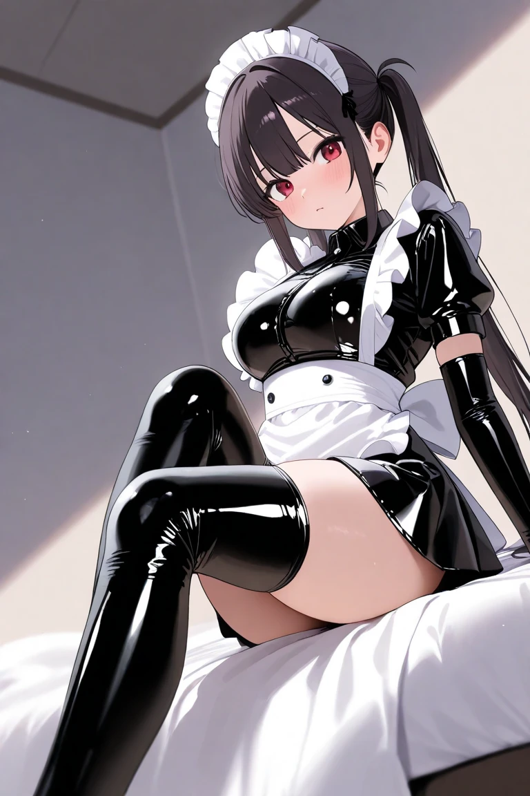 1boy, girly boy, femboy, fox boy, fox ears, fox tail, flat chest, green eyes, dark brown hair, long hair, sexy, SFW, alluring, full body, nice ass, latex maid costume, latex mature, maid apron, maid headdress, covered chest, masterpiece, anatomically correct, ass focus, latex, latex maid dress, normal hands, normal fingers, good hands, good fingers, anime, latex gloves, latex thigh highs,