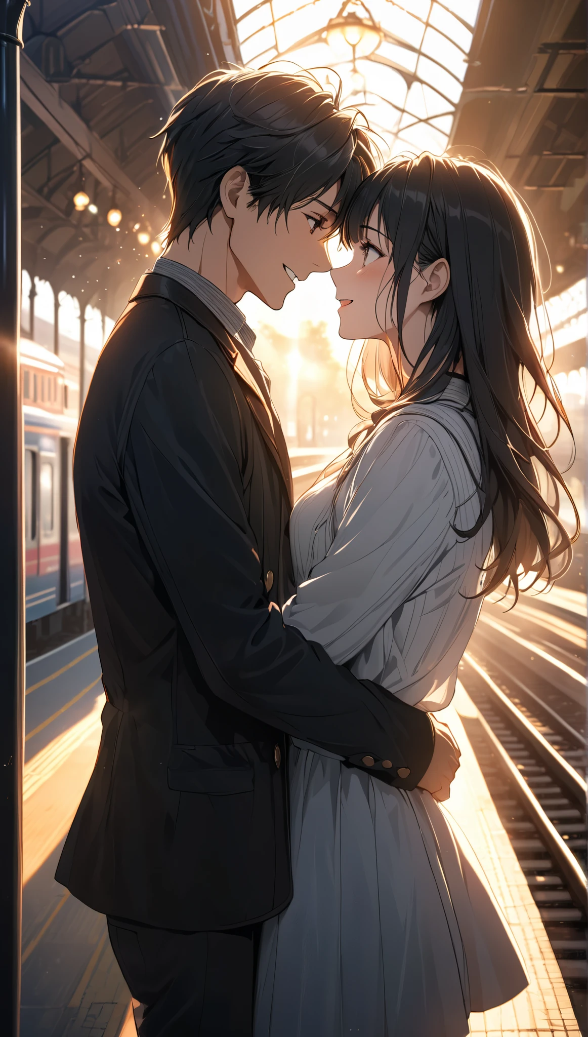 a beautiful young woman in profile, dazzling sunlight, backlit, charming adult, a couple, natural makeup, (very happy expression, rising anticipation, accompanied by anxiety, restless tension), first date, meeting spot, early morning train station, white breath, long-awaited reunion, cinematic staging, anticipation for the day ahead, sweet time with first love, gothic