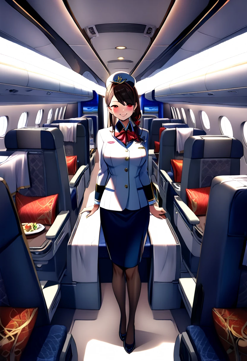 (( top quality、masterpiece、8k、 highest image quality taken by Ki))、((One female flight attendant、Cowboy Shot))、( Perfect Stewardess Uniform :1.5)、large full breasts、 best smile、 Completely-valid,((The background is the aisle of an airplane))、(Top-class interior、most luxurious cabin、 the most luxurious and exclusive airplane interior、Luxurious royal interior、Top class seats:1.5)