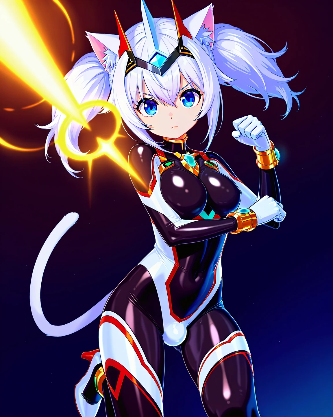 junneko,twintails,white hair,cat tail,cat ears,medium breasts,18yo,blue eyes, headgear,chest jewel,body markings,leg markings,white gloves,bracelet, blue jewel, bodysuit,skin tight,high heels, cowboy shot, frontal shot, solo, ((bulge)), fighting, looking at viewer, score_9, score_8_up, score_7_up, score_6_up, score_5_up, score_4_up, source anime, masterpiece, best quality, high detailed , no background,
