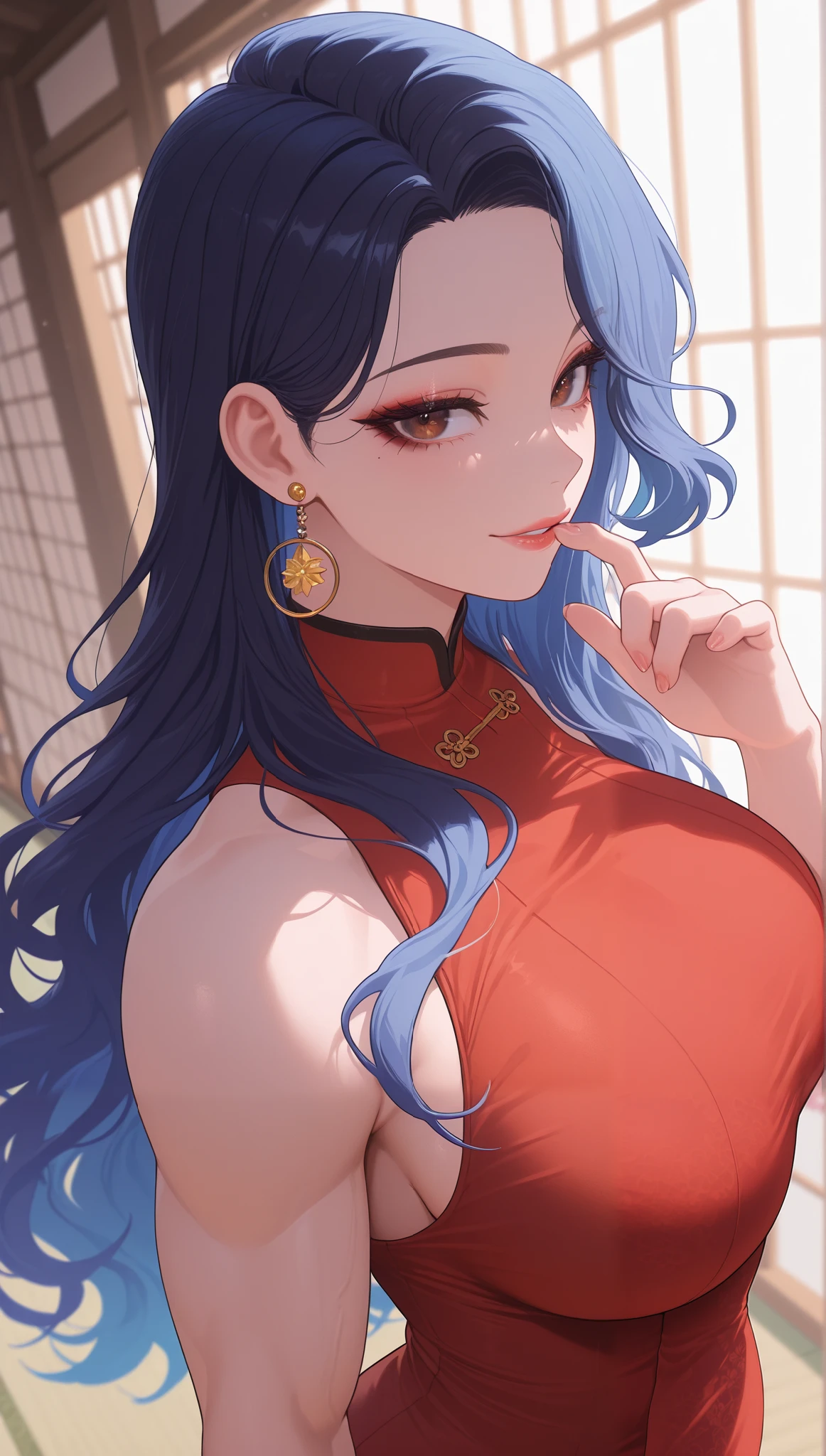 (masterpiece), (portrait), big breasts (aesthetics), ((1 female 21 years old)), Highlight earrings), ((long hair)), ((Hot dark blue hair)), Wavy hair, thin eyes open, brown eyes, cute, female, woman, mischievous smile, beautiful, female features, top, high quality, aesthetic clothing, professional angle, (rule of thirds), (feminine), (feminine), (feminine), (beautiful) , (female ) features), solo, (Korean attractive), summer, (ink haze), (afternoon), (vibrant light), seductive posture, ((face looking forward))), beautiful red dress, off shoulders, sexy underboob, short and tight dress, traditionally Japanese home, ((Energy)), (Bold Makeup), (Big Breasts), Fair Skin, (Clothes with Hip Hop Details), (a hot muscular woman, muscular woman, hot fit, voluptuous mature body, super curvy body), (Sleep Neckline), Beautiful Hands, Body beautiful, beautiful ears, beautiful eyes, bright eyes, beautiful mouth, beautiful lips, , traditionally japanese house,finger on lips cute, needy expression