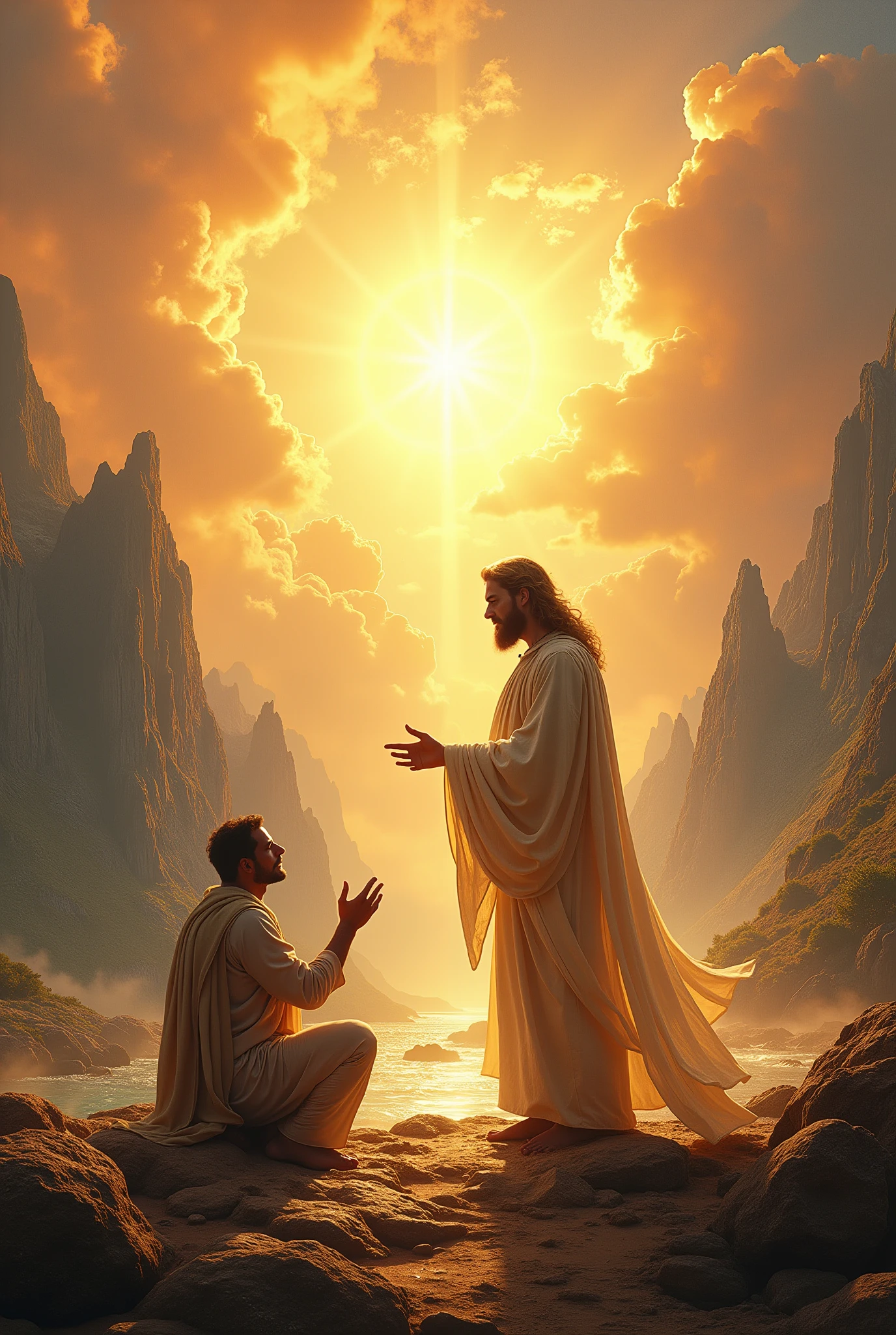create an image of a 40 year old man, dressed in a tunic, on his knees in the desert, arms open, head bowed and at his side a man standing dressed in white linen, with a wide golden belt, similar to Jesus, his face shines like the midday sun, his feet look like bronze, his hair is white like wool, he is pouring oil with his hands on the head of the kneeling man, prophet's anointing oil, the sun shining on the horizon, and a small river run to the bottom