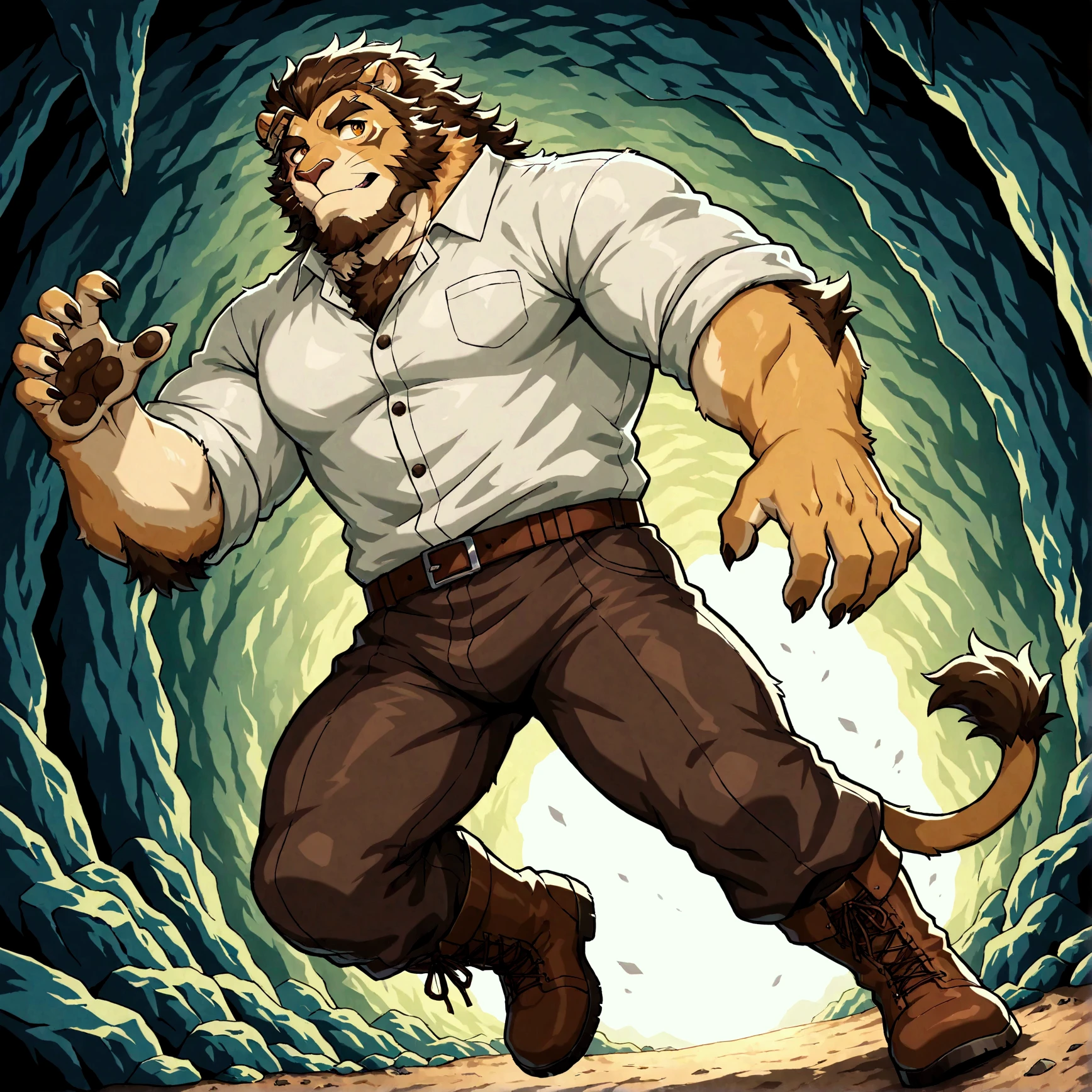 character focus, full body, looking away, various angle, european fantasy, a middle-aged lion man, armor, shirt, pants, dynamic pose, BREAK complete anatomy, perfect proportions, beautiful thigh gap, fluffy body, intricate fur details, beautiful fur texture, BREAK a detailed lion 1tail, detailed boots, detailed foot, detailed hands, 5fingers, 5fingers nails, BREAK aesthetic anime face, insanity detailed face, male face, big face, square jawline, aesthetic anime eyes, detailed brown eyes, detailed brown cornea, detailed dark brown irises, detailed pupils, male eyes, big eyes, male eyebrows, innocent look, beautiful beard, BREAK full body in Michelangelo Buonarroti style, digital illustration anime, housamo style, detailed painting landscape, cave, path, outdoor, full color, HDR, BREAK masterpiece, official art, best quality, very aesthetic, absurdres, super fine illustration, great quality, BREAK noise reduction, very highres, large filesize, high quality, 32K, 8k wallpaper, dynamic lighting, BREAK insanity detailed, ultra detailed, intricate details, extremely detailed, detailed texture, an extremely delicate and beautiful, BREAK osukemo, e621 illustration, kemohomo, anthropomorphic, furry, cartoon, harmonious body, pastoral face, virtuous eyes, epic atmosphere