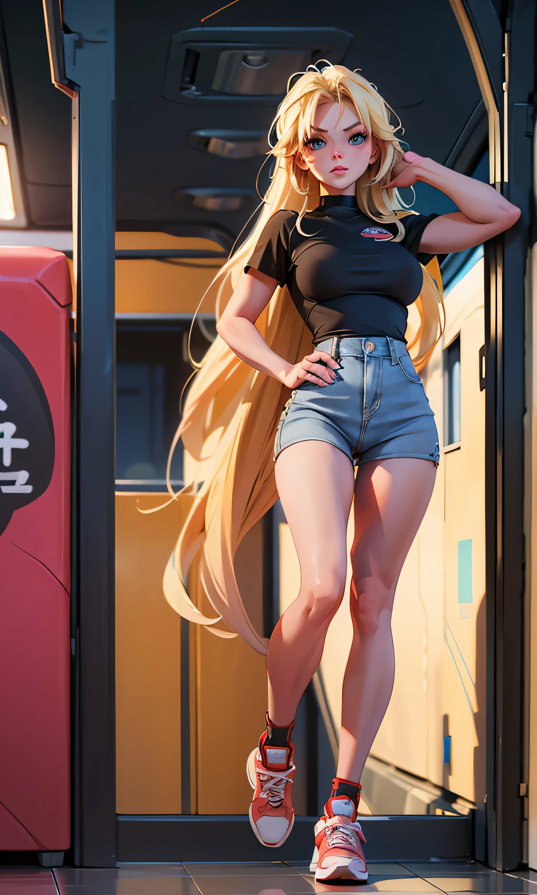 Masterpiece, 1 girl, beautiful, babe, skinny, stading, watching the spectator, blonde and long hair, blue eyes, arched eyebrows, full body, pretty legs, black top, red short, sexy, sports shoes, (((naked))), in the train, dark Sky,