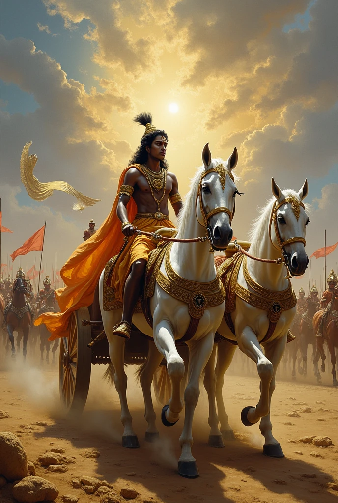 Krishna Encouraging Arjuna to Fight: Depict Krishna encouraging Arjuna to stand up and fight for righteousness, with a determined expression on both faces.