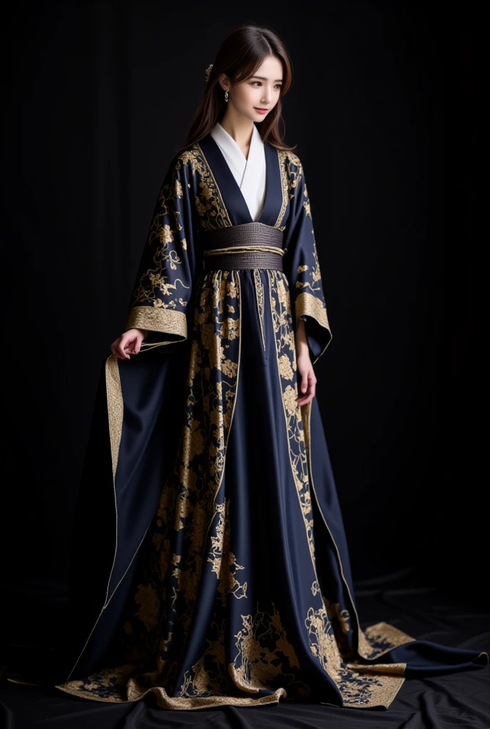 masterpiece, solo,full body, a japanese woman, long hair,black eyes,wearing a long dress,the dress made with the japanese delicate and complex pattarn , thin and soft fabric, dark deep blue, intricate graceful nature pattern with gold and various colors , elegant gown, long flowing sleeves inspired by traditional kimono, sash is inspired obi, delicate embroidery.simple dark background but cinematic light.