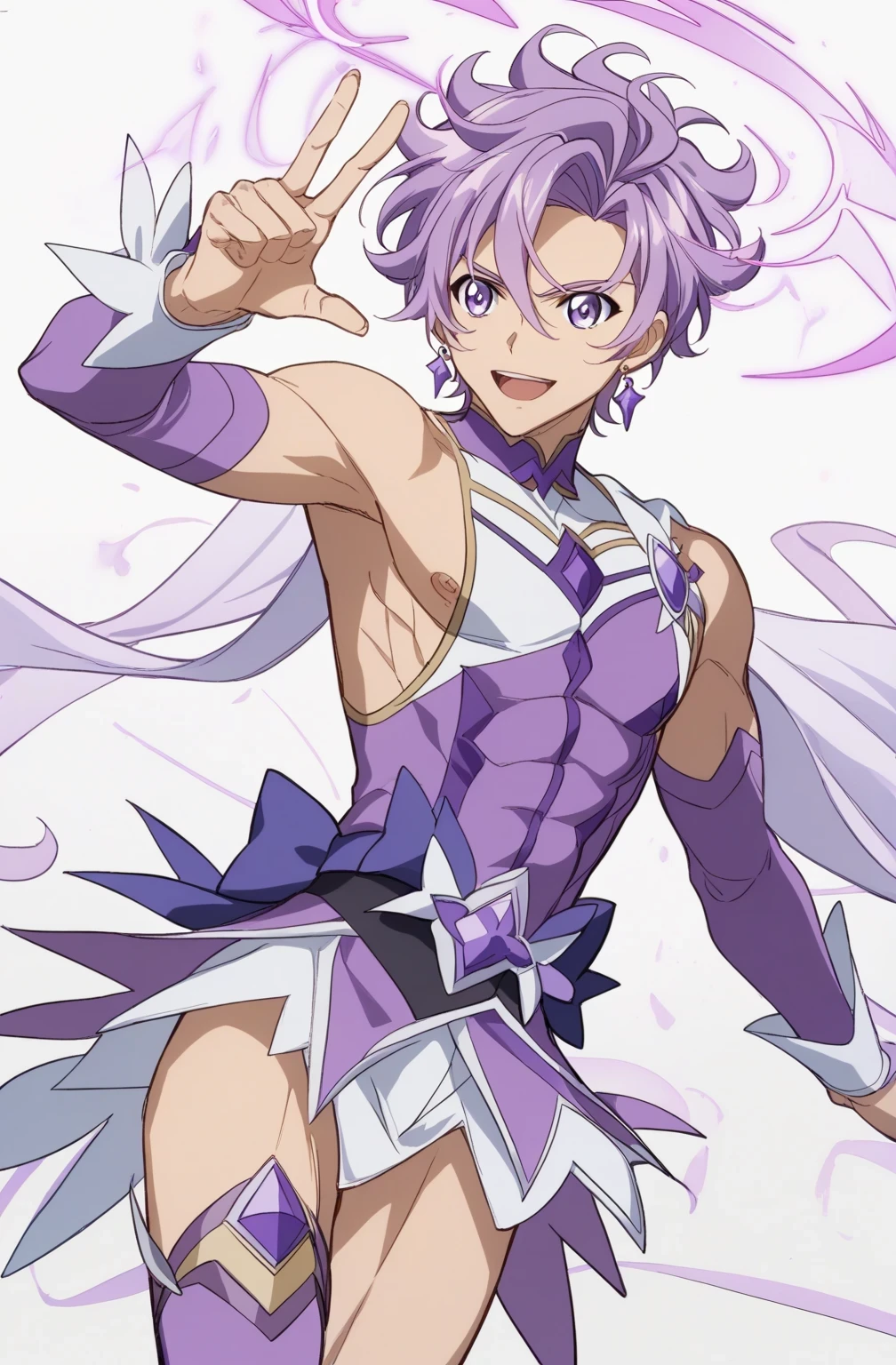 score 9 、score 8 up、score 7 up、source anime、masterpiece、 top quality、 high definition、1boy、close-up of a boy cartoon character with purple hair、Alone、portrait of Magic Boy、 Boy in a White and Purple Dress 、Long Legged 、Heavenly Aura、Lightning Aura、 White and Purple Miniskirt 、Bare shoulders、 Purple Arm Warmers 、purple detached sleeves、Bare legs、Bare thighs、 purple thigh-high boots 、 Symphogear Flavor 、 Boy with Short Light Purple Hair 、 Prince of Amethysts 、 Official Character Art 、style of Magic Boy、Magic Boy、 Anime Boy 、 Official Art、 high definition、perfect costume、sparkling Magic Boy、(manly:1.4)、With Sparkling Purple Eyes 、perfect body、perfect hands、perfect arms、perfect legs、(male body:1.4)、beefcake style、
