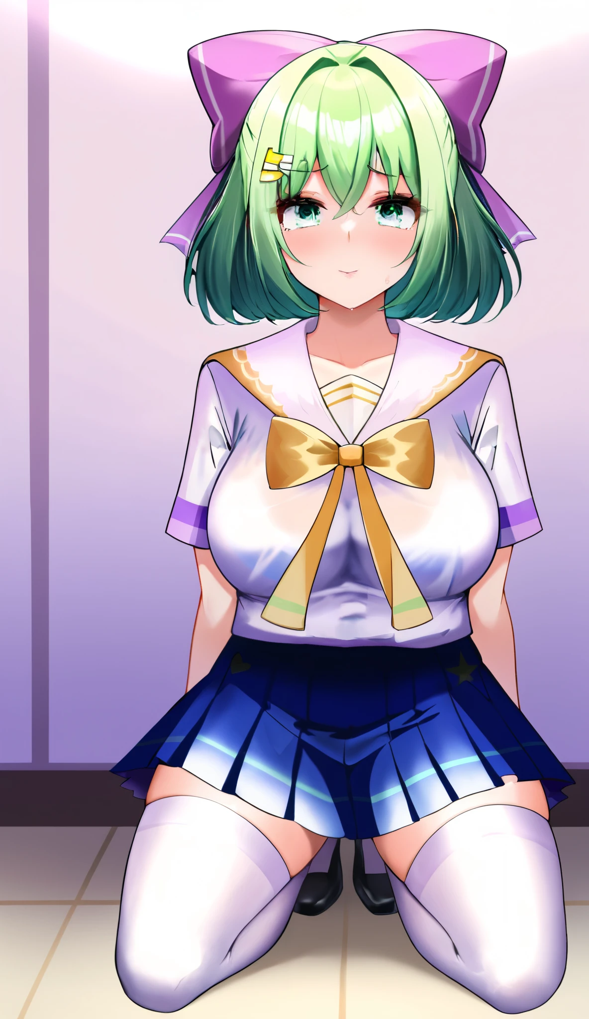 Fraction_9, Fraction_8_up, Fraction_7_up, Fraction_6_up, Fraction_5_up, Fraction_4_up, Resources _ Japanese Cartoon , , Tag 2, quality_ masterpiece, Anatomically Accurate , detailed skin , Super Breasts, sexy woman , 成Mature Woman性, Mature Woman, Maternal, charm, Hand of Love , Curvy Beauty, full, Very Awkward , giggle, bedroom-like eyes , Looking up, Full body clothing, Lean forward , Under underwear , Touch , black face , stocking , Wet shirt , short green hair, green eyes, purple bow headdress, hair clips, purple and yellow sailor collar, sailor suit, blue pleated skirt, white stockings, l dorky hair.
Short green hair, green eyes, purple bow headpiece, barrette.GreenHairBowGirl