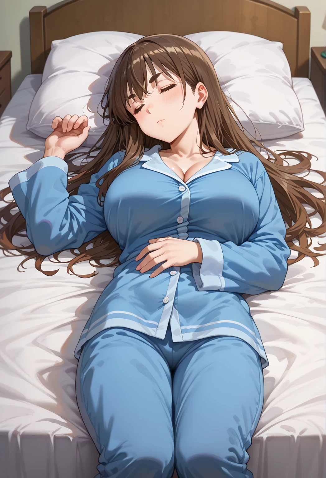    Kuroe Mayu、Mayu Kuroe、 girls with light makeup,  long hair,  brown hair,  blue eyes  、  ((Big Breasts ))、 huge breasts ,,(a girl sleeping on bed:1.5),(lying back down:1.1),(big breasts:1.3),(nether region:1.3),(closed eyes:1.2),(troubled eyebrows:1.2),(from above:1.3),(oversized long sleeves blue pajamas:1.3),(bed room:1.3),