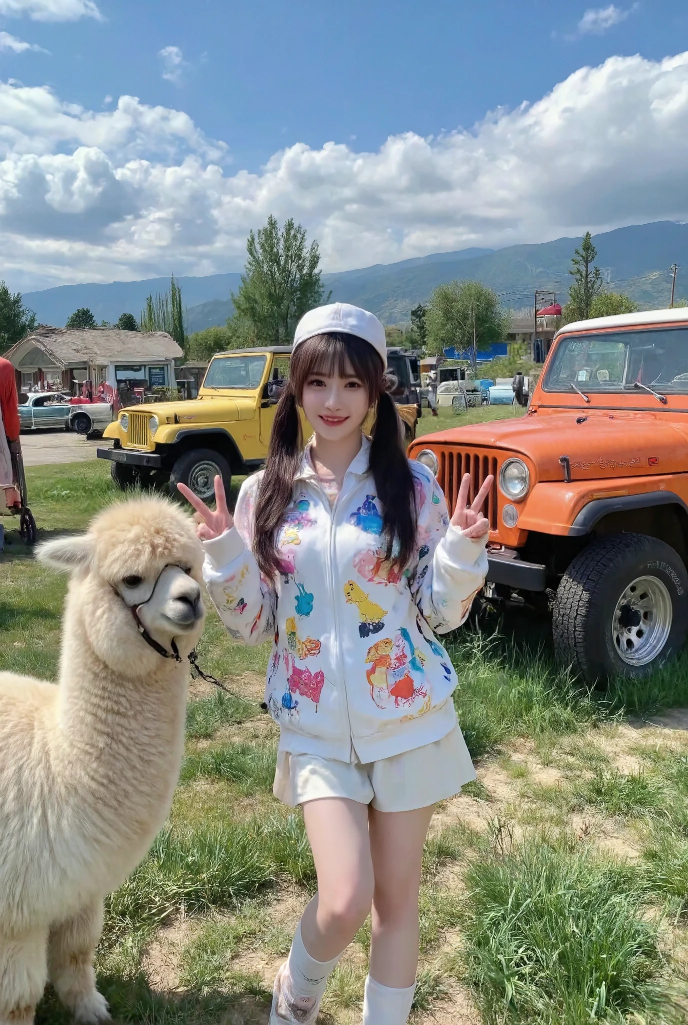 A vibrant photograph of a young Asian woman with long black hair and pigtails, wearing a white jacket with a colorful cartoon print and a white hat, posing with a peace sign and smiling. She is standing in a grassy field with a large, fluffy white llama in the foreground. Behind her, there is a bright orange Jeep Wrangler and a yellow vintage car. The background features a clear blue sky with fluffy white clouds and distant mountains. The scene is bright and colorful, with a playful and joyful atmosphere.