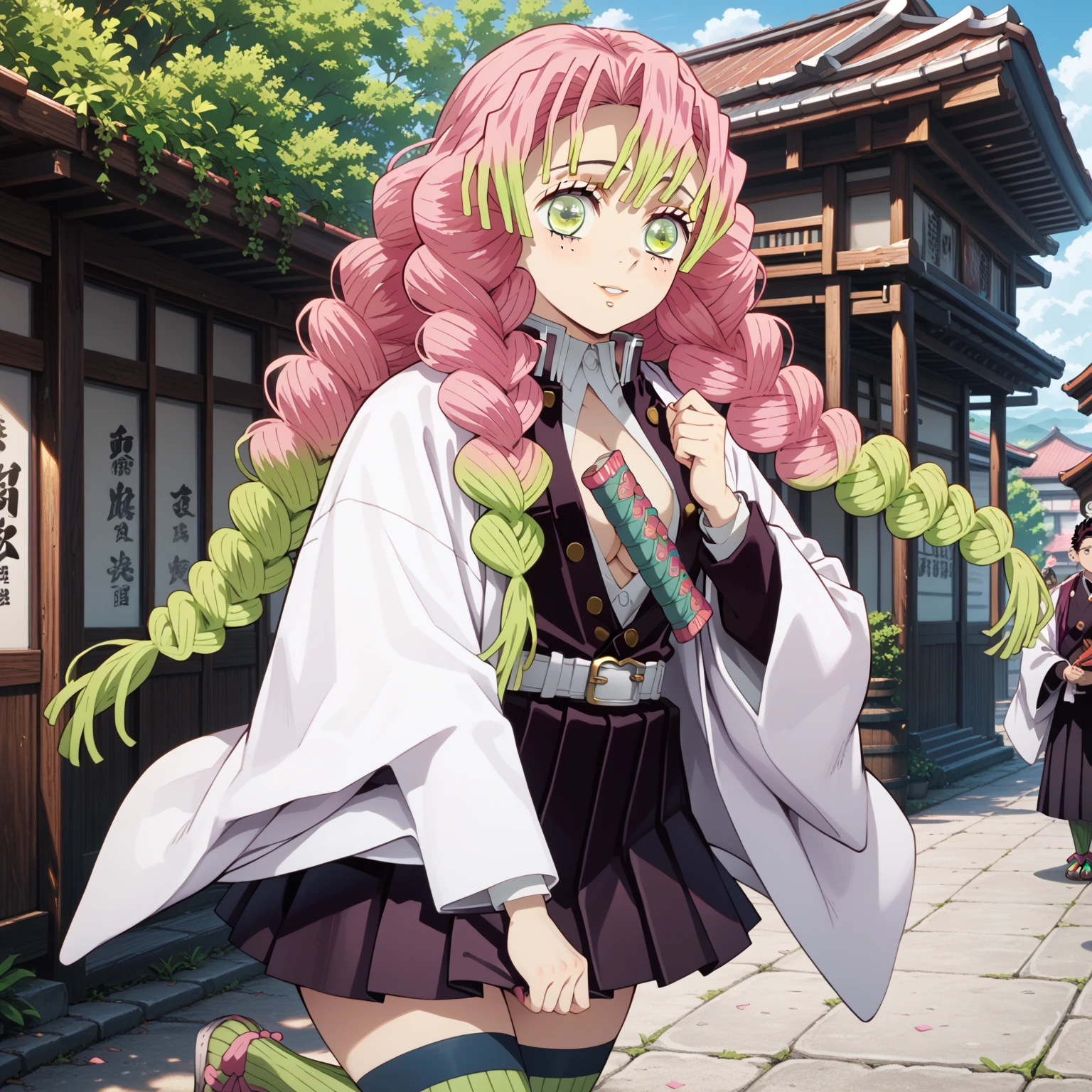 m1tsur1kanr0j1, pink hair, braid, long hair, green eyes, mole under eye, white outfit,green legwear,black skirt