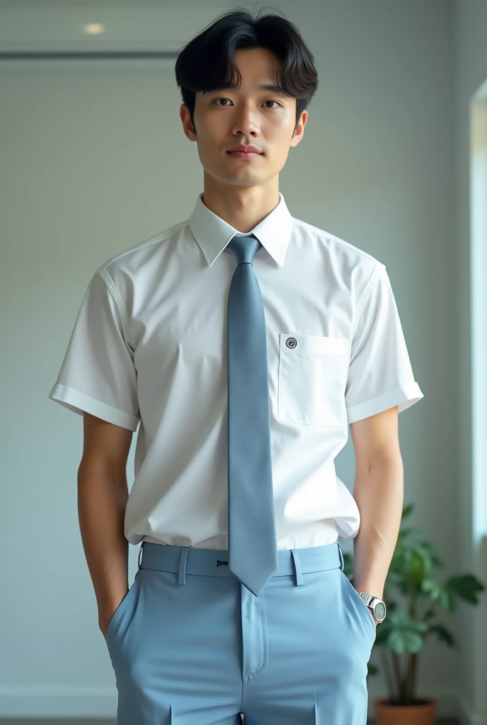  14 year old boy wearing button up and tie and dress pants . 4k high quality detailed