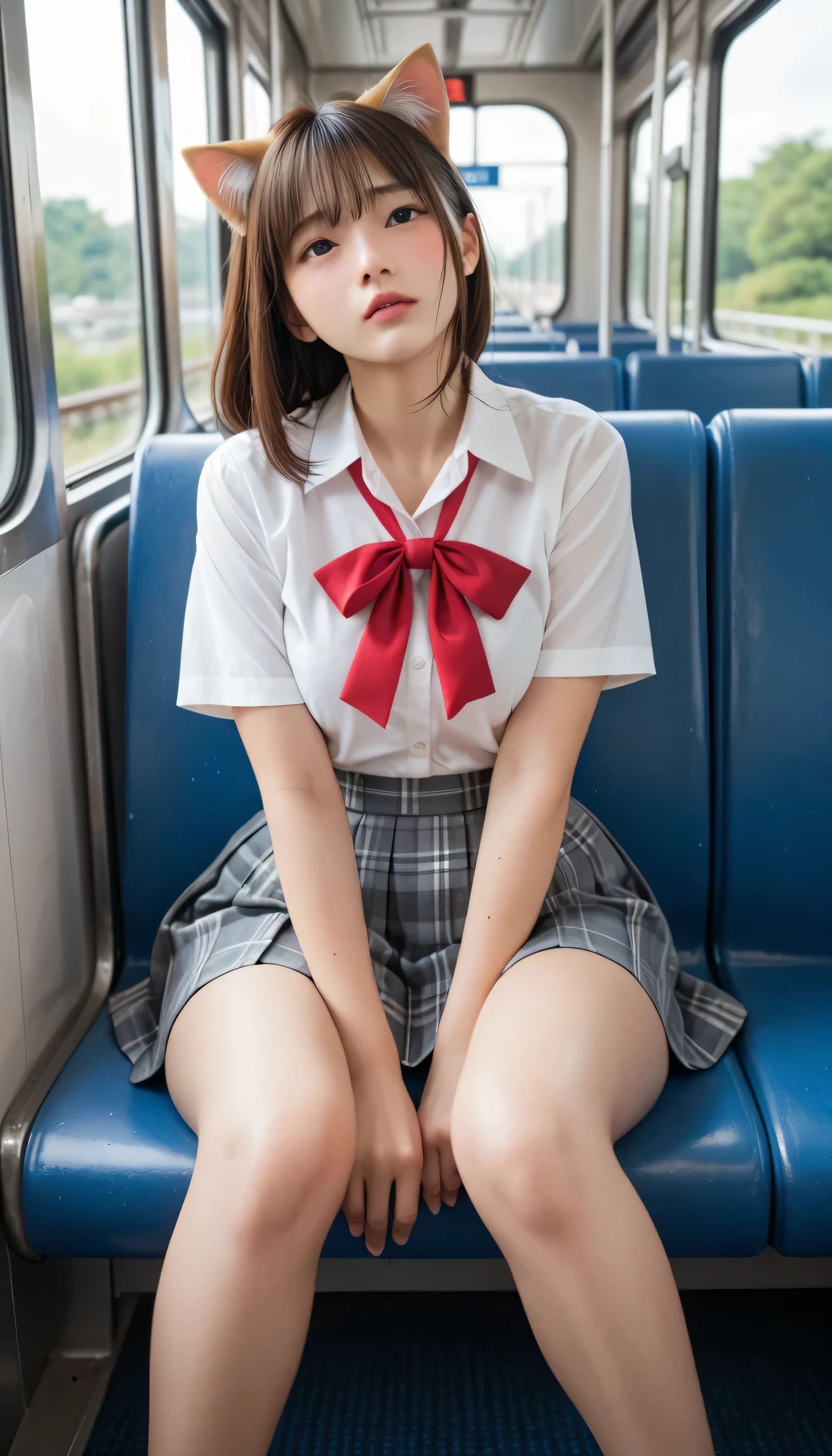 loafers in white, in train, head back, side head, Theme：Cat-Eared Girl, (Japanese Gal), (plain Japanese face ), (gigantic oily green penis:1), highly detailed skin, best quality, super detailed face, vibrant colors, ((Curvaceous body)), one girl, Alone, shy and cry and (angry:0.1) and hot and confused, Brown Hair, skirt, white shirt, a red ribbon, sit on train seat, wet seat, beautiful thighs, ((embarrassing)), Play, (Close up on white panties), Shiny thighs, wet white panties, love juice, pussy juice, (Leg spread), (pov green penis erection under thin condom:0.2) with pov,