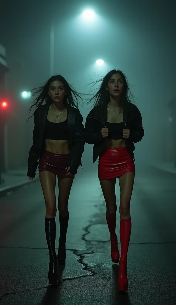 A realistic cinematic depiction of two beautiful young skinny aorexic women, *************, running scare on a deserted, dark street at night, (super long skinny anorexic legs:1.9), (long over the knee silk stockings), (short revealing skintight latex micro skirts and Latex Long-sleved Skintight Crop tops in vibrant red and the other in sleek black). ((Their both woman wear 25inch platform heels click faintly on the cracked asphalt)), but their focus is elsewhere. Their faces are etched with visible fear and anxiety. One woman is clutching her jacket tightly around her chest, her wide eyes staring into the distance, while the other looks over her shoulder, her mouth slightly open as if gasping or about to scream. Their hair is slightly tousled from the cold night breeze—one with loose waves and the other in a messy ponytail. The foggy street is dimly illuminated by a flickering streetlight, casting harsh shadows across the ground. Behind them, deep in the shadows, looms the faint silhouette of a figure hunting the girls , barely visible through the fog but undeniably menacing. The atmosphere is thick with tension and foreboding, as the women’s vulnerability contrasts sharply with the silent, oppressive darkness surrounding them."