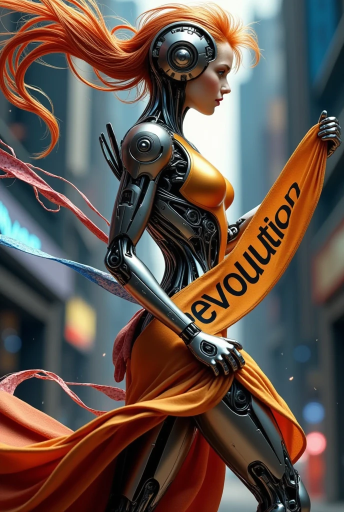 expressive photorealistic image of revolutionary in artificial intelligence and digital world represented by young relentless dynamic in motion, holding a banner text "2025 Revolution " in bold fonts, intricate detailed, highly quality