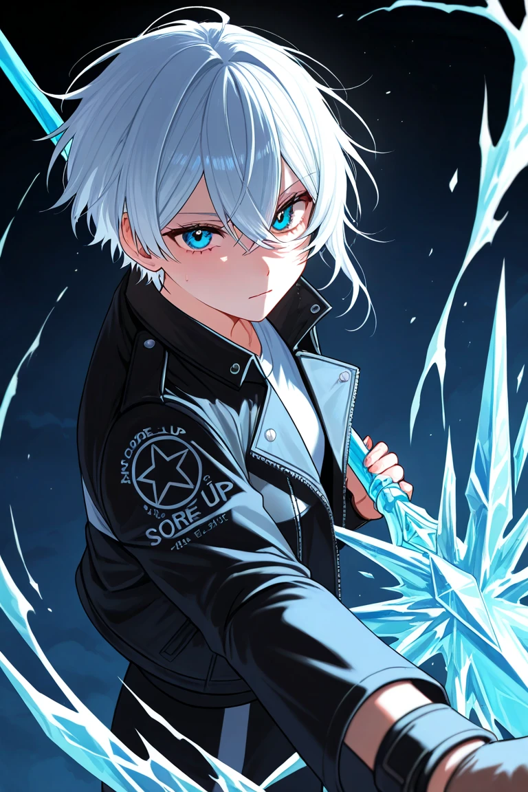 I want a young ex-biker gang member with white hair, a black jacket, and holding a spear with ice energy. Other angles