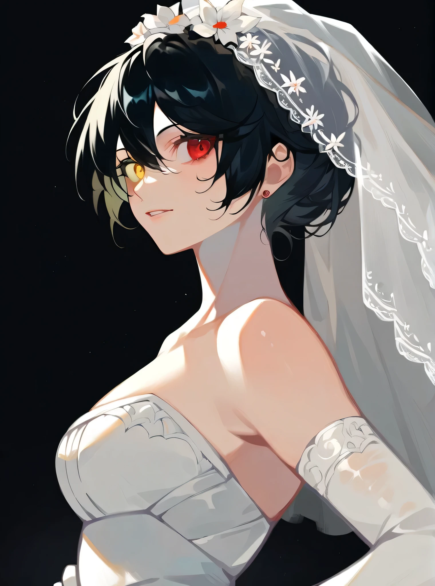 score_9,score_8_up,score_7_up,source_anime,1girl,solo,KurumiBase,clock eyes,red eye,yellow eye,heterochromia,black hair,bridal veil,wedding dress,elbow gloves,
portrait,from side,black background,hand on own hip