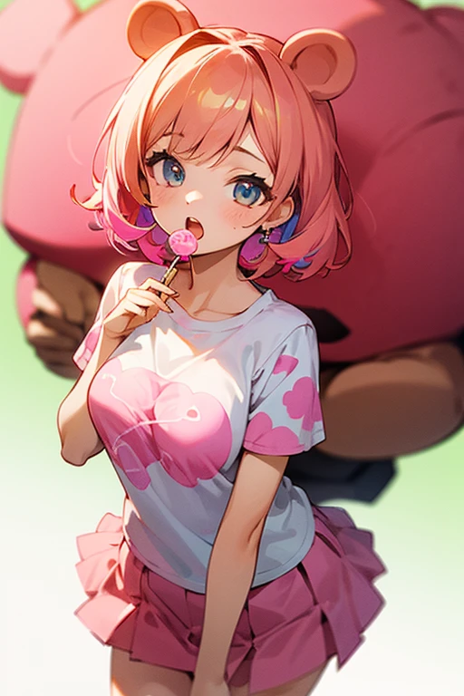 Girl, pink hair, blue eyes, hearts tank top, big breasts, short skirt, exposed stomach, ice cream