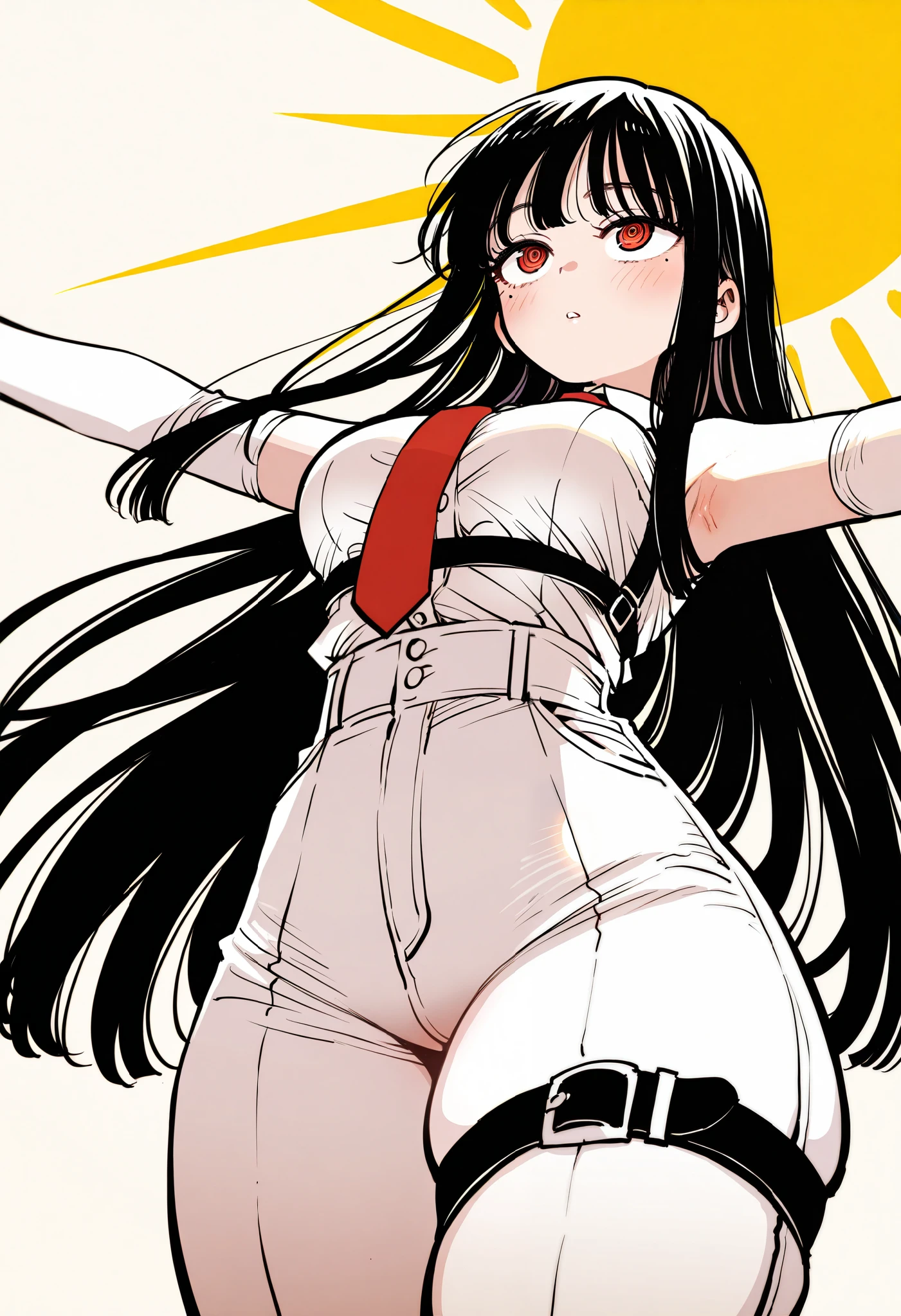 sugano manami, (ssambatea:0.7), sfw, 1girl, solo, black hair, hime cut, sidelocks, red eyes, ringed eyes, mole under each eye, white shirt, chest harness, collared shirt, sleeveless shirt, medium breasts, red necktie, high-waist pants, tight pants, buttons, thick thighs elbow gloves, thigh belt, dutch angle, praise the sun, arms up, outstretched arms, looking up, parted lips, blush, sun, masterpiece, best quality, amazing quality, very aesthetic, high resolution