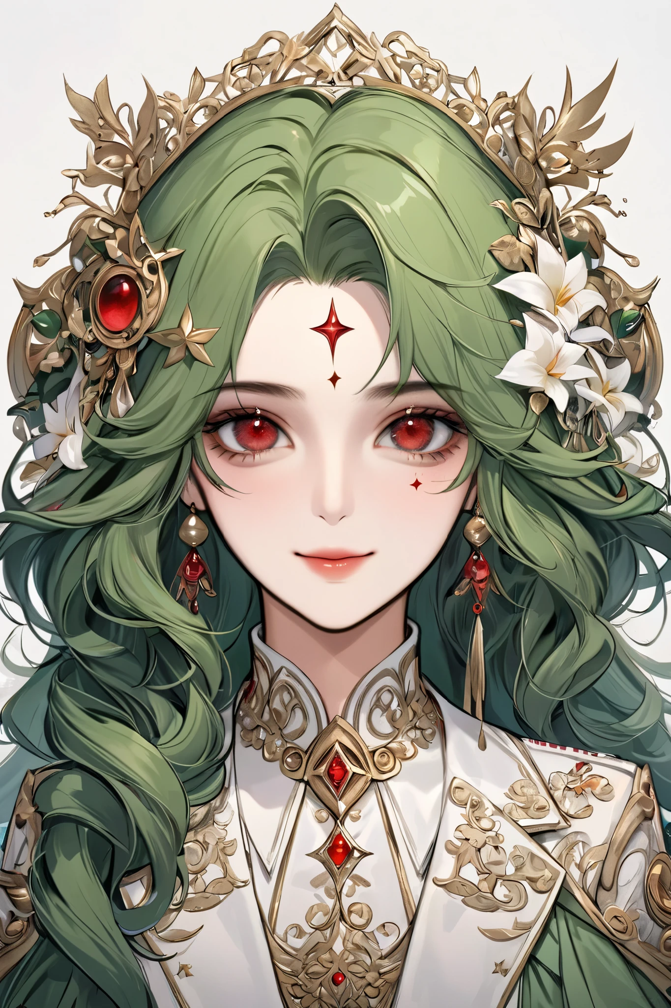 (extreamly delicate and beautiful:1.2), 8K,(masterpiece:1.0),(best_quality:1.0), 1 girl, half body and intricate detailing, Enlarged textures, and intricate detailing, finely eye and detailed face, one star symbol mark on on the right cheek, and intricate detailing, green long curl hair, (sweet smiley), Perfect eyes, Equal eyes,  red eyes (A famale god) with yunani dress, look at camera, green long HAIR, Red EYES, green long curl HAIR, red EYES, one star symbol mark on on the right cheek, half body