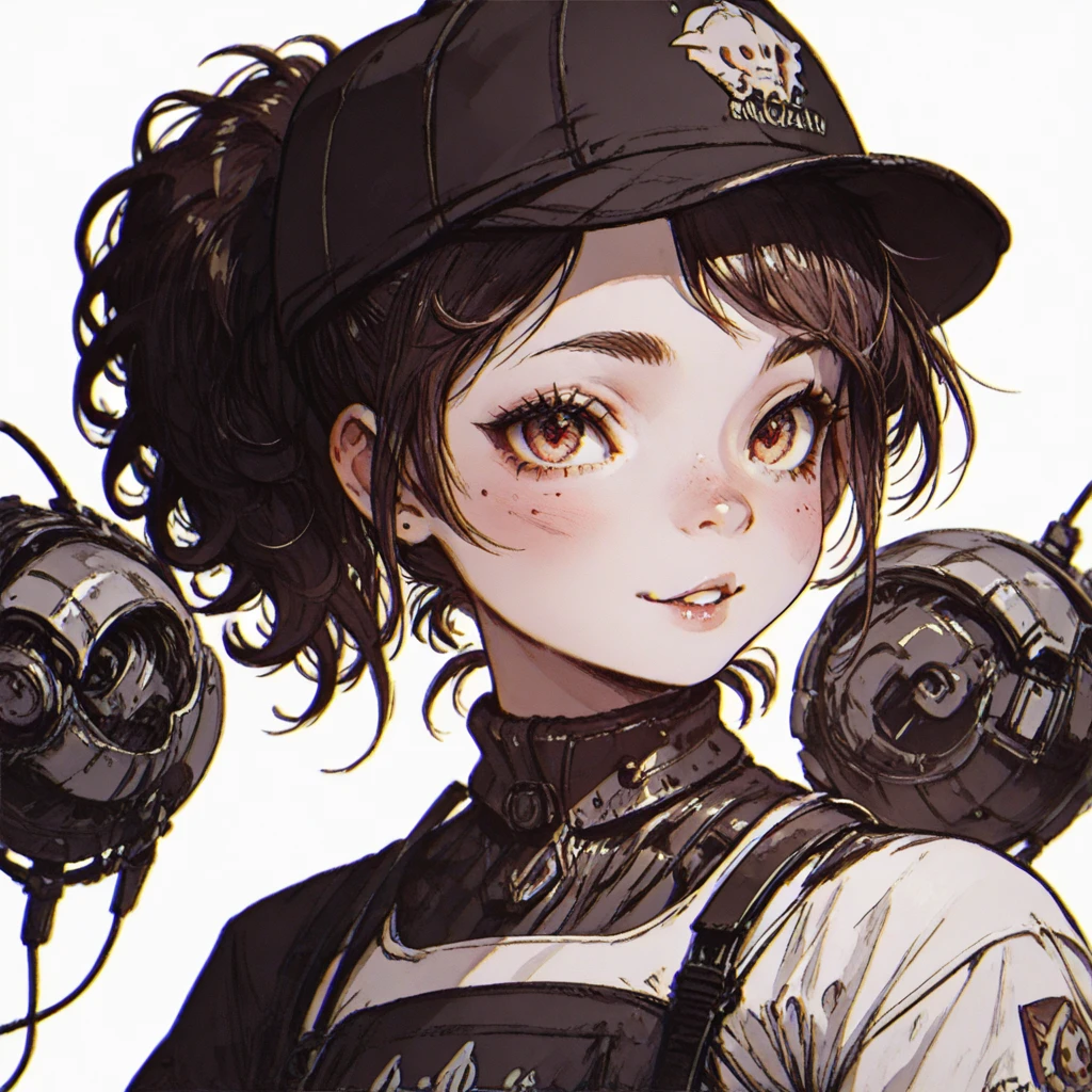  Loli, a cute robotic girl with a red face of shame and curly hair wearing a cap