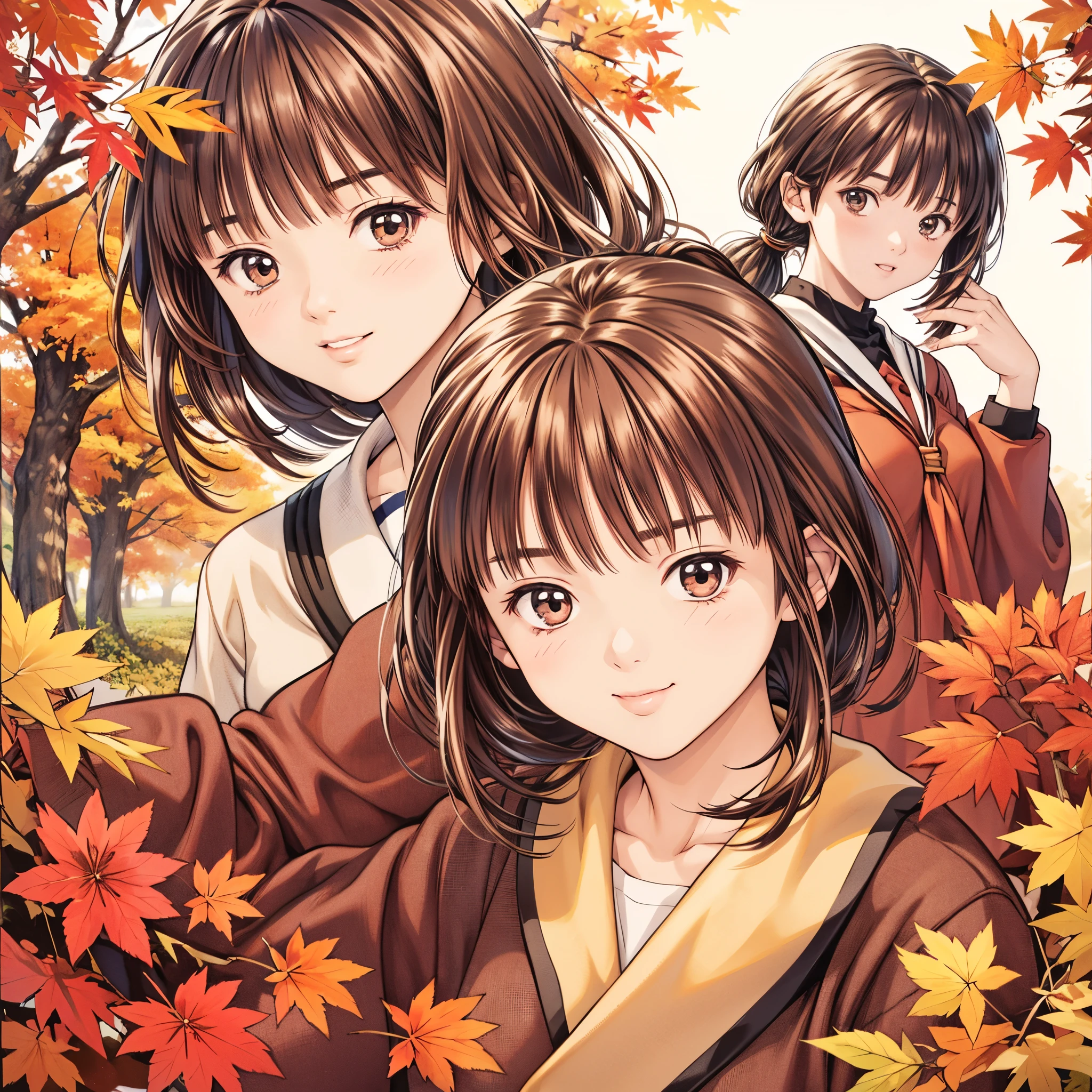 (8k、 top quality、​masterpiece:1.2)、( realistic、 ultra-detailed、 super A high resolution、 2 girls、(One person has silver hair 、一人は brown hair )、 beautiful detailed face、smile、narrow、( Slim Waist ) :1.3)、autumn服、autumn  、 Skin Texture 、Floating Hair、  Professional Writing 、服 人体全体、 brown hair、Shy、Mikity、 romantic 、((Junior high school studentstail、 idol p