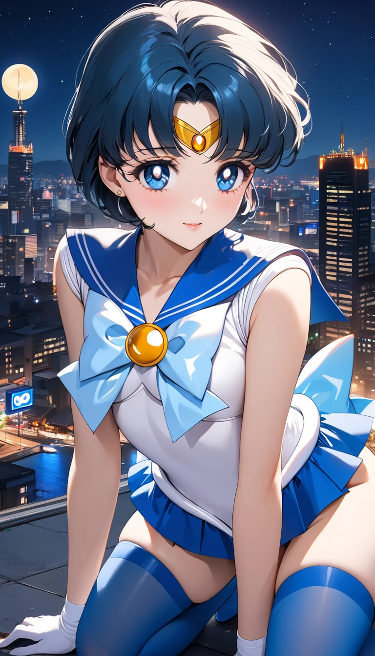 A lone girl, absurdly high-resolution, official wallpaper, poster, masterpiece:1.2. Realistic illustration, ultra-detailed, extremely detailed, dramatically lit. Ami Mizuno, Sailor Mercury, choker, blue hair, short hair, hoop earrings, jewelry, crescent moon-shaped earrings. City skyline, starry sky. White thigh-high stockings, enticing smile, blushing, constant. Skirt, dress.