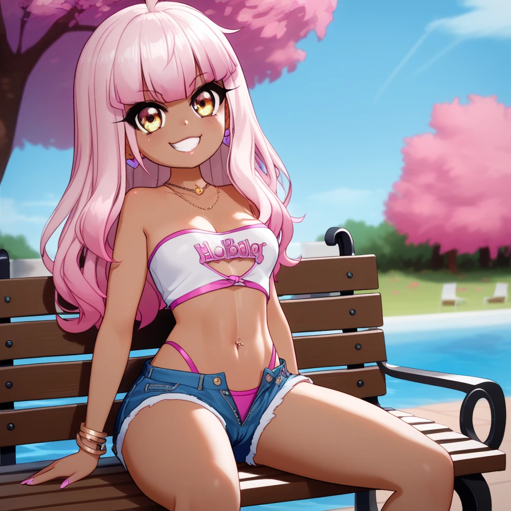 1girl,solo,smile,outdoor,midriff, pink tube top, denim hotpants, open fly, beld, gyaru clothes, thighighs,sitting,bench, chloe,dark_skinned_female,dark_skin,long_hair,pink_hair,yellow_eyes,hair_between_eyes,white_hair,bangs,smal breasts,,half_updo,one_side_up, young girl, (loli:1.3), slender waist, nice hips, slut, cameltoe, thong.