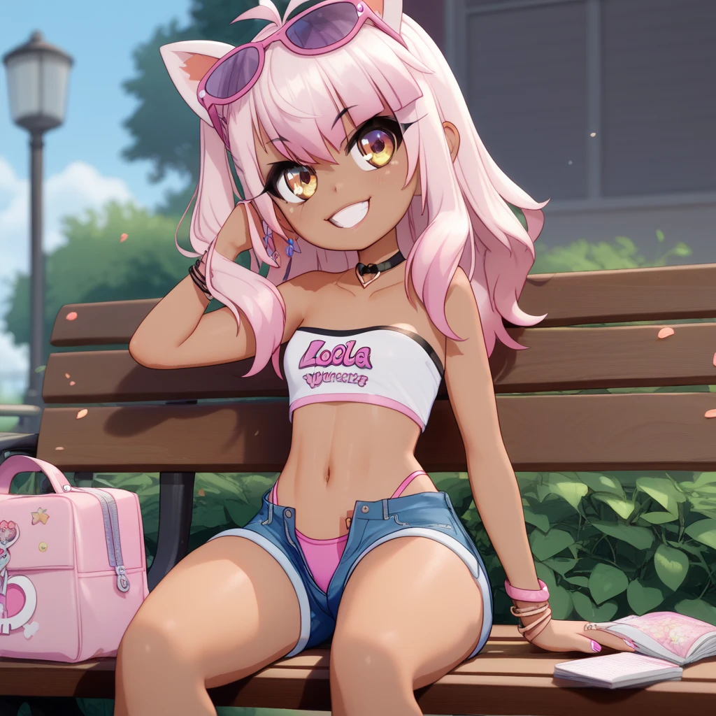 1girl,solo,smile,outdoor,midriff, pink tube top, denim hotpants, open fly, beld, gyaru clothes, thighighs,sitting,bench, chloe,dark_skinned_female,dark_skin,long_hair,pink_hair,yellow_eyes,hair_between_eyes,white_hair,bangs,smal breasts,,half_updo,one_side_up, young girl, (li:1.3), slender waist, nice hips, slut, cameltoe, thong.