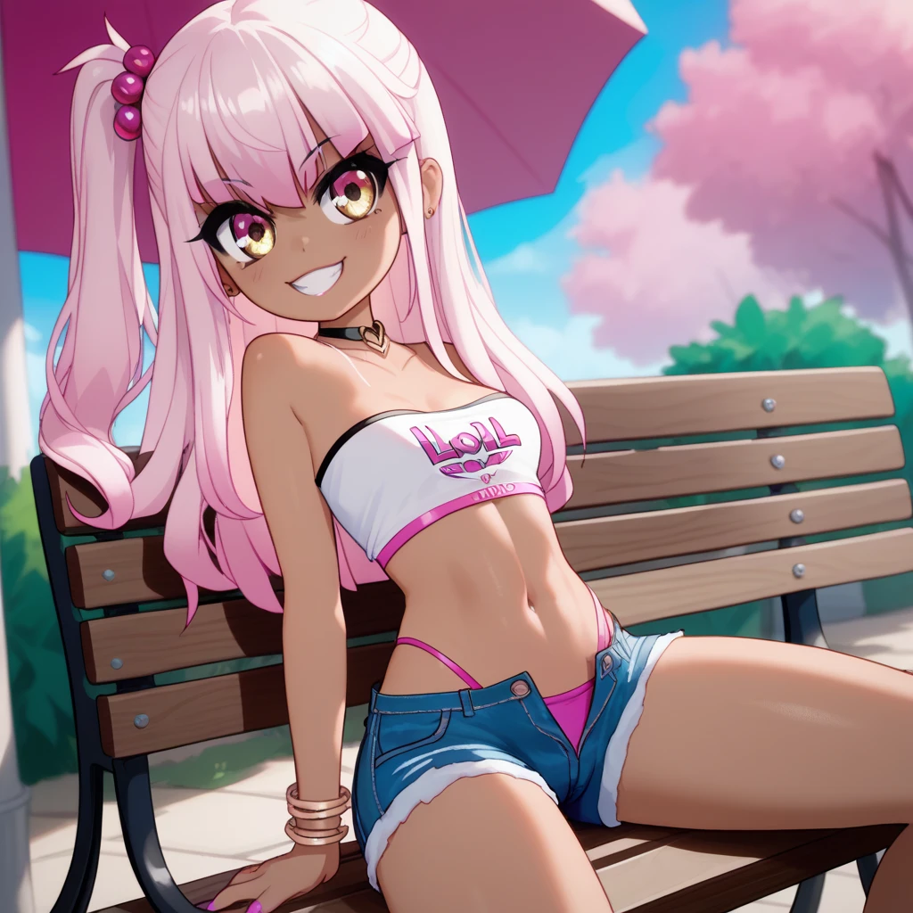 1girl,solo,smile,outdoor,midriff, pink tube top, denim hotpants, open fly, beld, gyaru clothes, thighighs,sitting,bench, chloe,dark_skinned_female,dark_skin,long_hair,pink_hair,yellow_eyes,hair_between_eyes,white_hair,bangs,smal breasts,,half_updo,one_side_up, young girl, (li:1.3), slender waist, nice hips, slut, cameltoe, thong.