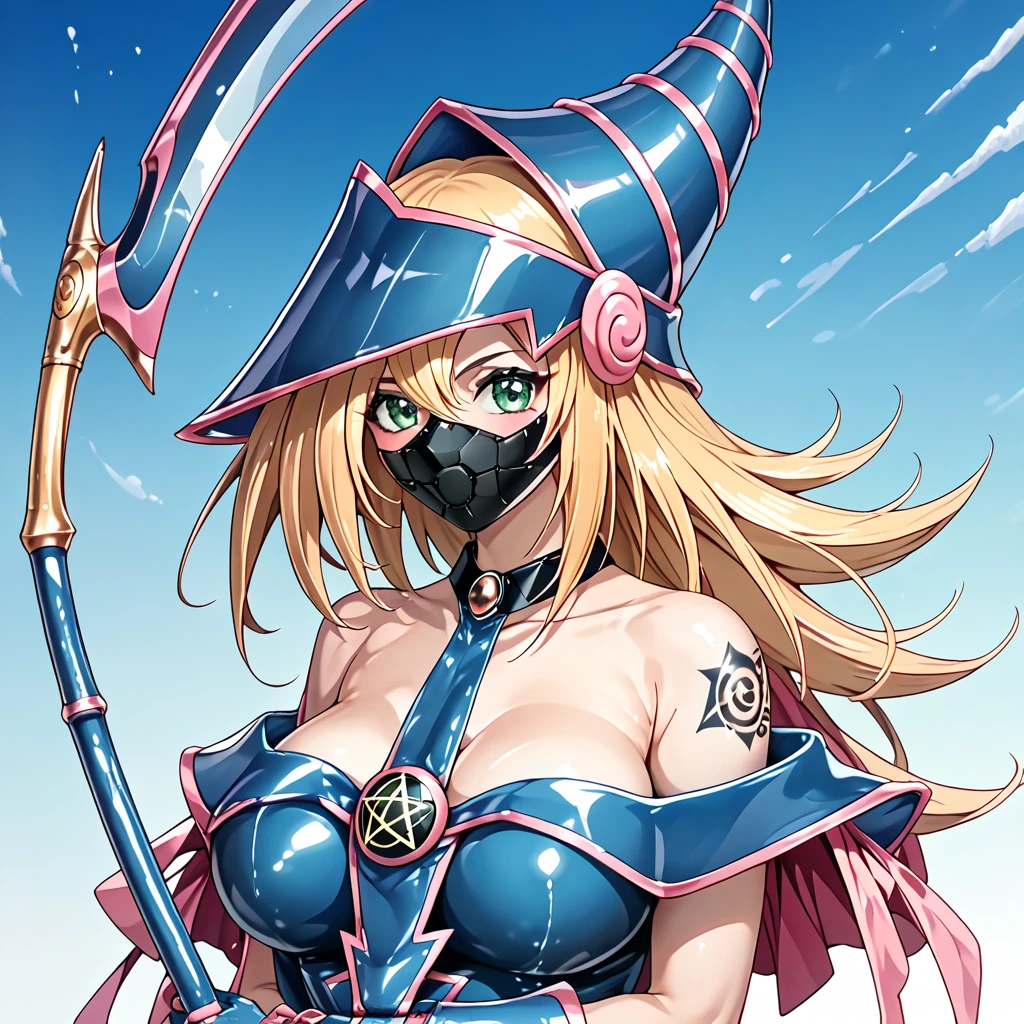 （ black magician girl）、（  perfect body ）、（Perfect Arms）、（  big breasts sticking out of clothes ）、（  Accented Chest  ）、   1 girl,  blondes,  clothes with a lot of exposure,  rubber bondage、Bust open ,   enamel gloves  ,   elbow gloves   ,  enamel leotard 、  Showgirl Skirt、  knee-high boots、  platform boots、Platform heels、（ barbed collar）、 lesbians、full head rubber mask、 full body tattoos、Rubber chemo ears 、 long sharp claw gauntlet、long cane like a scythe 