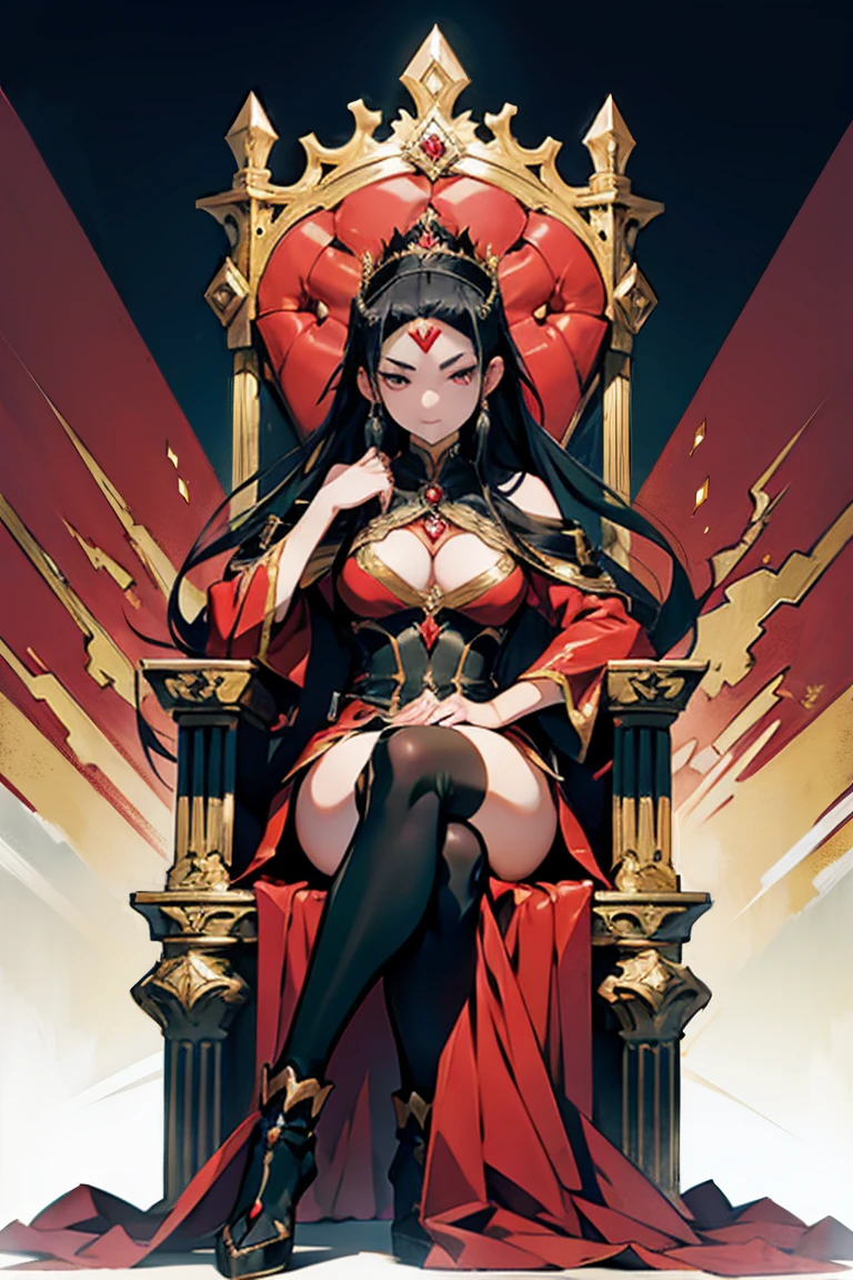 Solo,Holding Erlang's legs,gigantic cleavage breasts,serious expressions,Long black hair,Black colored eyes,Pearl shoes,Crimson royal robes,sitting on an royal throne,Below the eyelids,Top-down view,royal palace interior