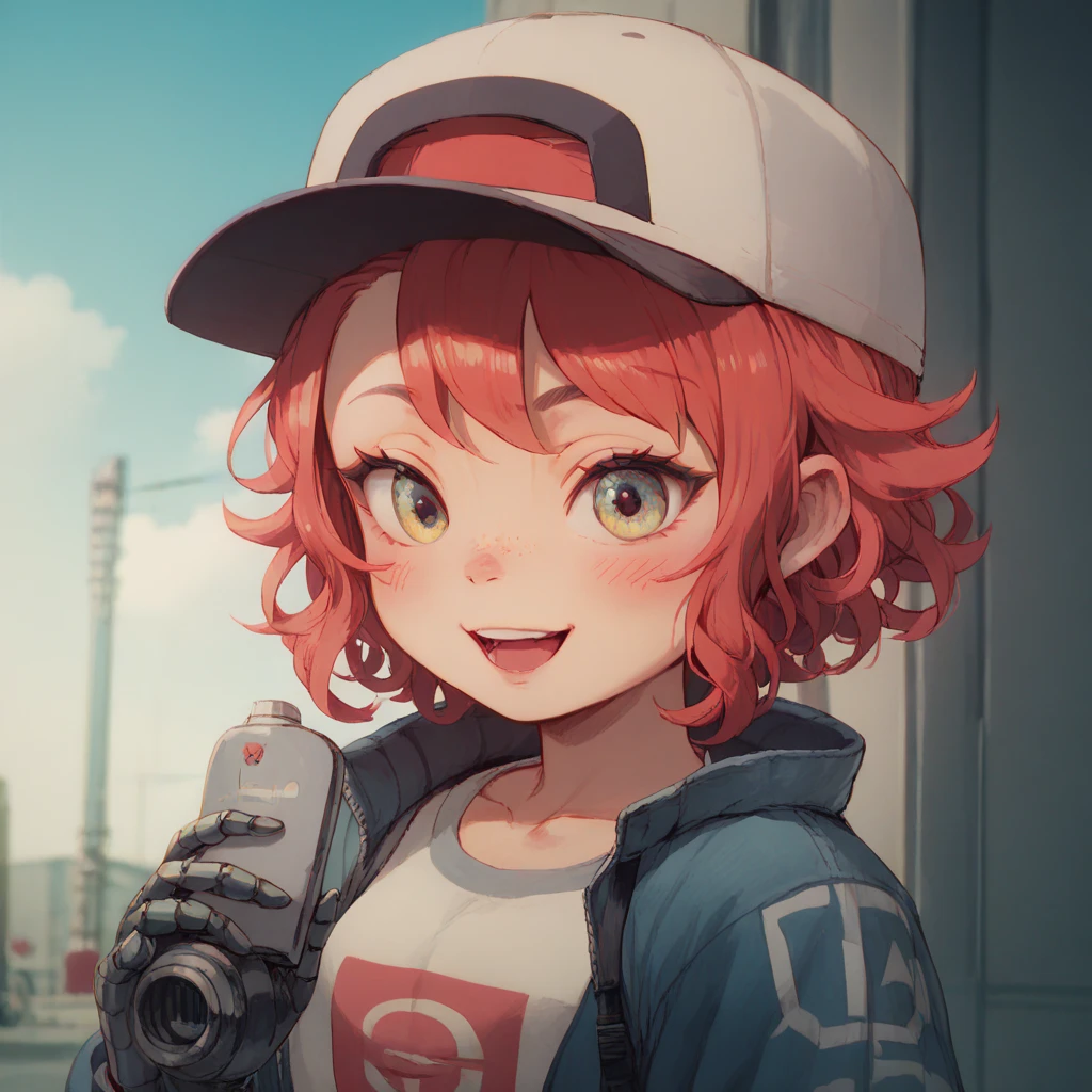  Loli, a cute robotic girl with a red face of shame and curly hair wearing a cap