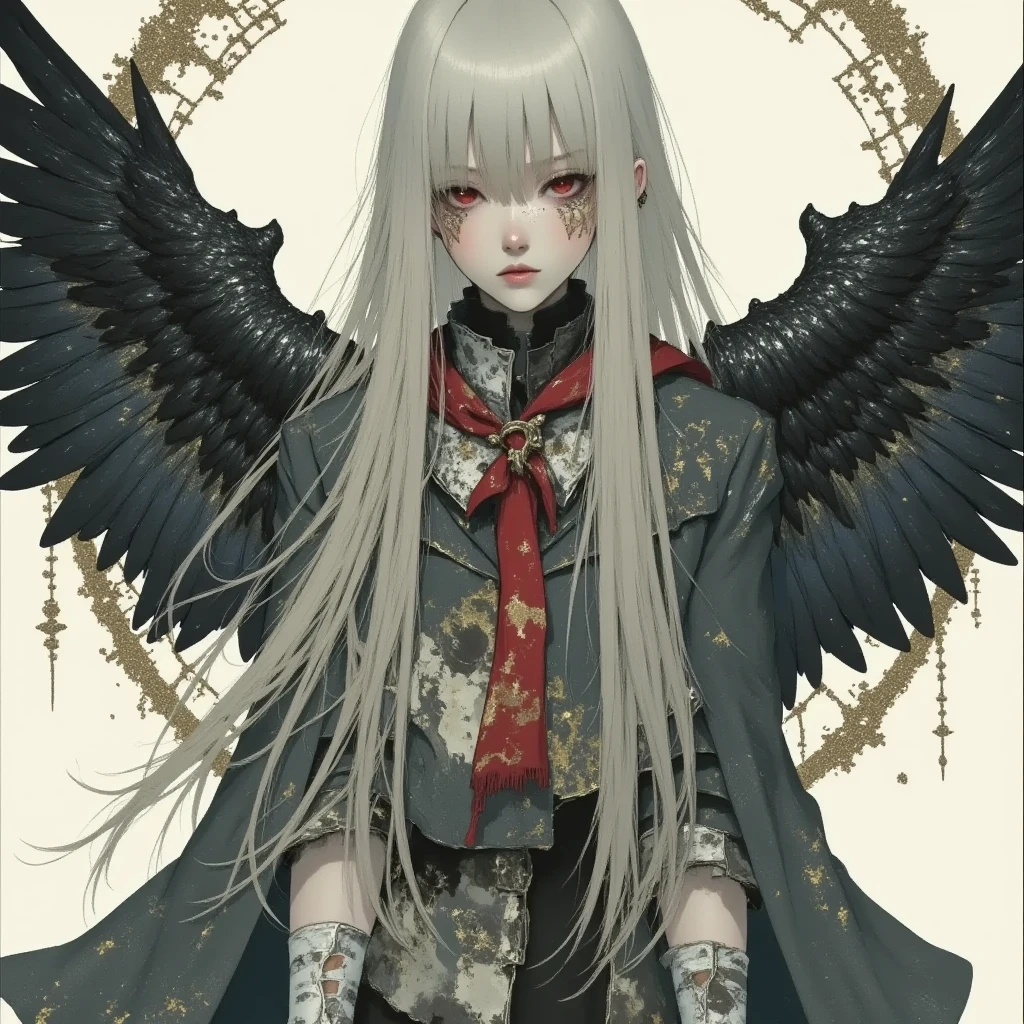 deadly horror, A haunting and dramatic depiction of a fallen angel standing, with gray Trench Coat and red Scarf, broken wings, black crow wings, rotten body, skull face, everything collapse, red light cascade down from sky, dark atomosphere , flat anime, ink paint drawing, sad and cry, destroyed rings on top, 