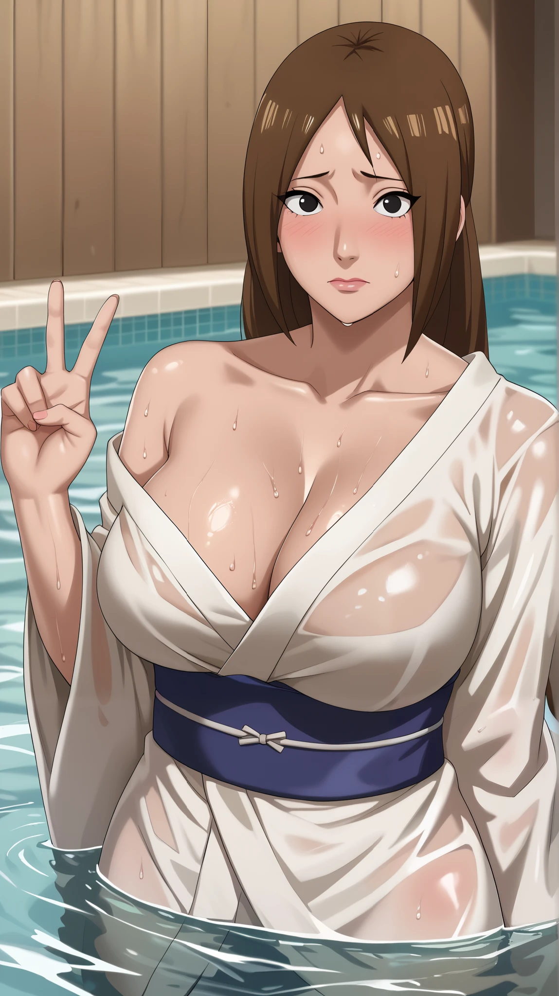 Score_9, Score_8_up, Score_7_up, Score_6_up, Score_5_up, Score_4_up, Source_anime, Tag1, Tag2, Quality_masterpiece, Anatomically correct, Beautiful face, Perfect face, Highly detailed beautiful face and eyes, Attractive face, Detailed face, Delicate facial features, Detailed skin, Huge breasted, Wide hips, Gargantuan butt, Sensual woman, mature female, milf, motherly, (((Ayame's/Boruto))), Seductive, Embarrassed, Shy, Long hair, Brown hair, Straight hair, Black eyes BREAK Fully-clothed, collarbone, off-shoulder shirt, V-Neck collarbone, collarbone Down, Showing Huge Cleavage, Wet Clothes, Full Body, Bath kimono.