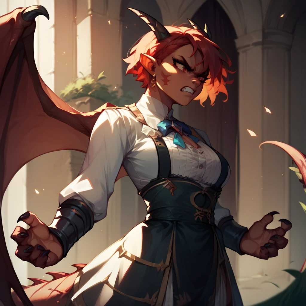 a female dragon with red eyes and short red hair. she has claws and wings and horns. she looks angry and is standing inside a dreary castle. she has on barbarian clothes waist up.