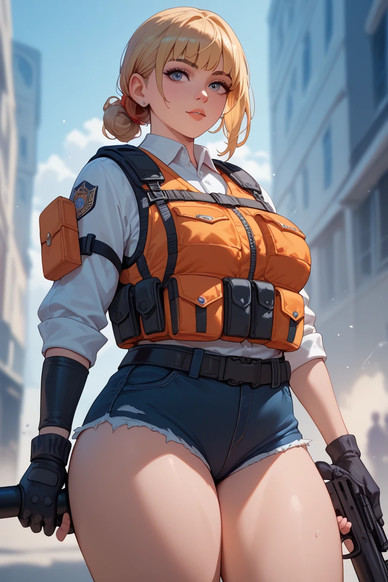 1 Girls wear yellow tops,Dark brown belt,Light brown leggings,Magenta shoes, a mature female, Best quality at best, (:0.2), (gigantic cleavage breasts:1.0),He has crimson hair,Yellow cap,Wear heavy-duty blue glasses,Equipped with electromagnetic rifles,Verism, cubismo, Realism