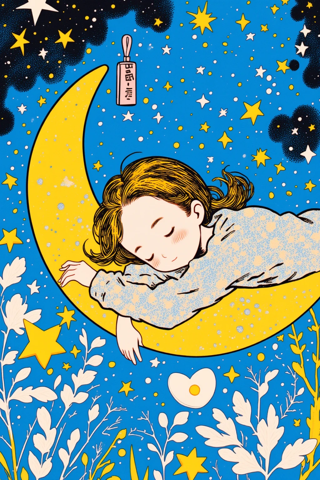  Doodle of a Girl Sleeping on the Crescent Moon , Silkscreen Pop Art,  close-up shot, Close-up,  close-upショット,  Blue Woodblock Print Cartoon, Liechtenstein , medium  close-up shot,  Roy Lichtenstein Style , ミディアム close-upショット, inspired Liechtenstein , ,  close-up!!, Clear details