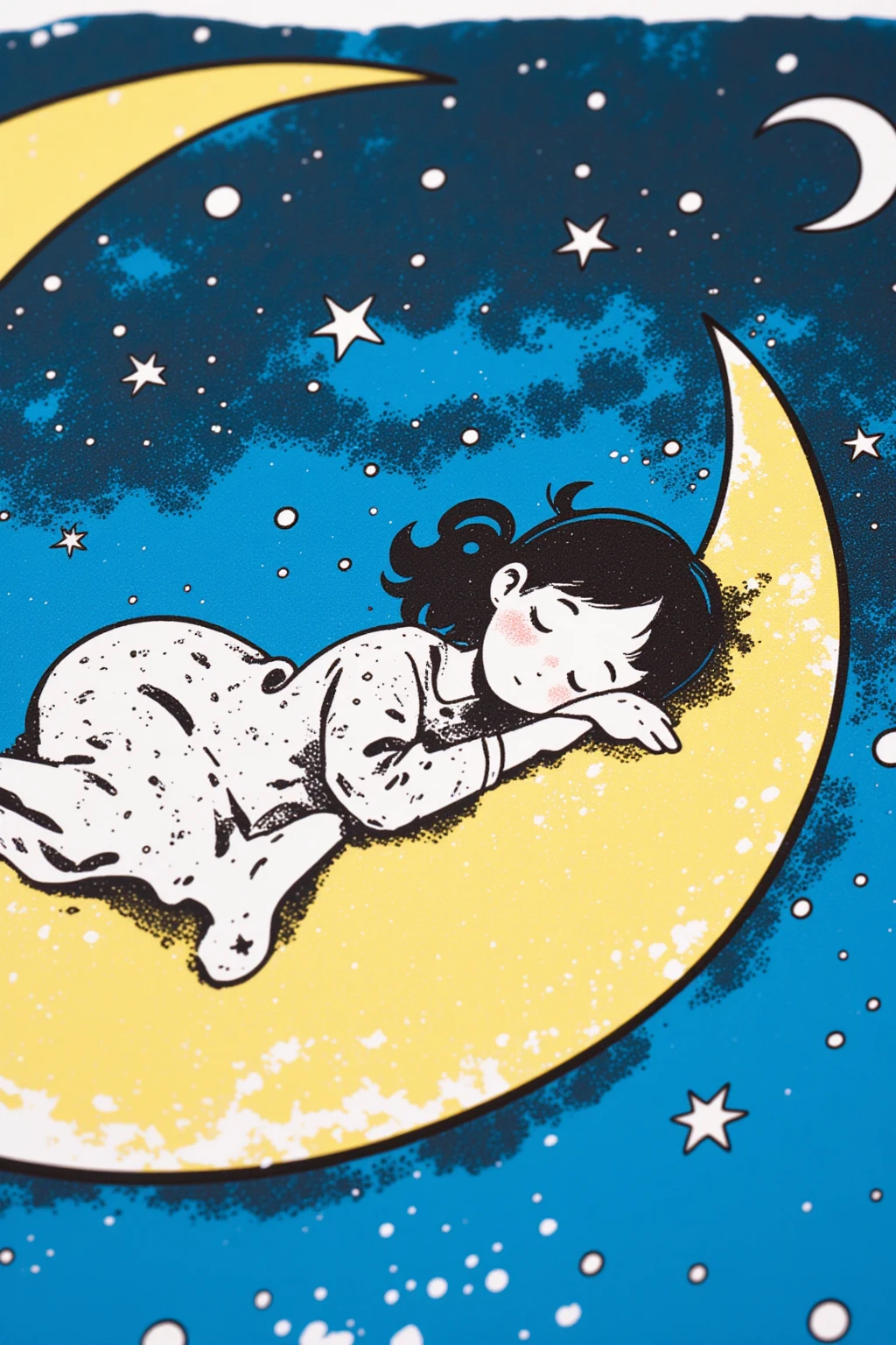  Doodle of a Girl Sleeping on the Crescent Moon , Silkscreen Pop Art,  close-up shot, Close-up,  close-upショット,  Blue Woodblock Print Cartoon, Liechtenstein , medium  close-up shot,  Roy Lichtenstein Style , ミディアム close-upショット, inspired Liechtenstein , ,  close-up!!, Clear details