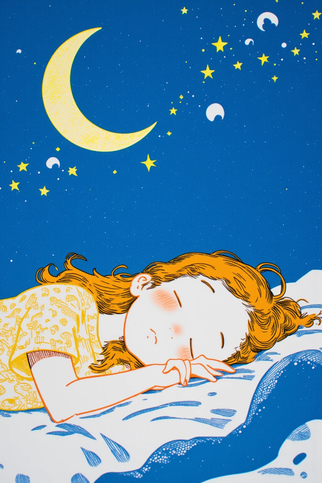  Doodle of a Girl Sleeping on the Crescent Moon , Silkscreen Pop Art,  close-up shot, Close-up,  close-upショット,  Blue Woodblock Print Cartoon, Liechtenstein , medium  close-up shot,  Roy Lichtenstein Style , ミディアム close-upショット, inspired Liechtenstein , ,  close-up!!, Clear details