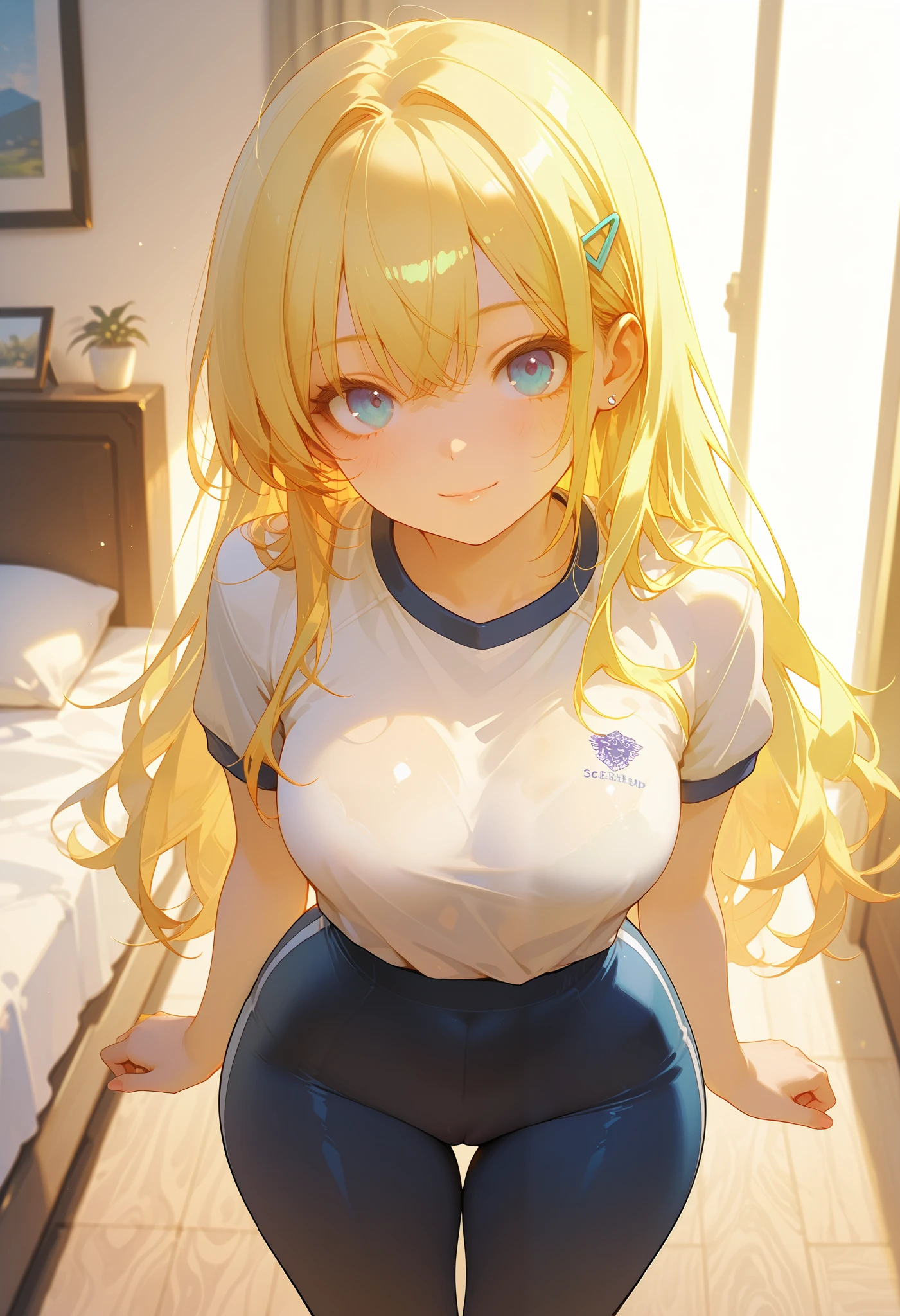 blonde hair, soft cameltoe, wide hips, medium breasts, medium waist, very thick thighs, tight big pants, gym clothes, pose variants, viewer from above, living room, front viewer, very good, cinematic lighting, masterpiece, better quality, incredible quality, very aesthetic, newest, (realistic0.8), super detailed, 8K, nsfw, explicit