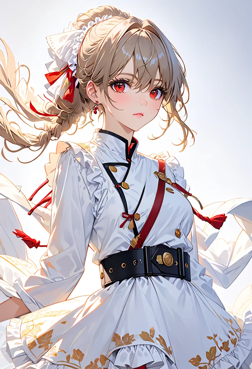  top quality, very detailed,Masterpiece, Ultra Details ,Alone,(Delicine eyes),( white background:1.3),red eyes, is standing, belt skirt ,[trench coin:20],  jewelry, mole_Down_eye, is watching_in_viewer, Frilled_ hair band, earrings