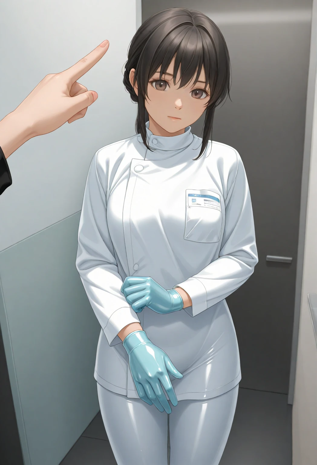 1 girl, anime, ((surgical outfit)), ((tight surgical gloves)), (( latex gloves )), other clothing is not made of latex, ( Long Sleeve ), both hands open and raised towards viewer, is standing, Alone, Realistic physique, anatomically correct fingers, correct finger count