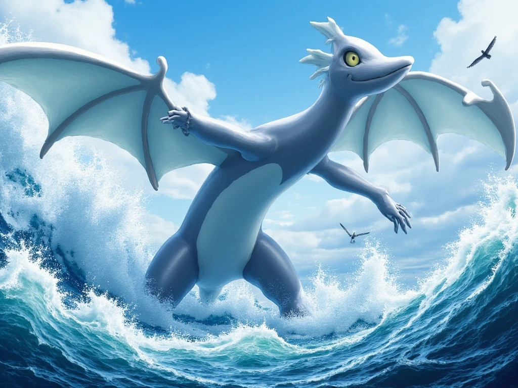 (best quality, 128k,highres,masterpiece:1.2),ultra-detailed,(realistic,photorealistic,photo-realistic:1.37), ((masterpiece)) ((photography)) ((Highest quality)) 4. **Lugia Emerging from the Ocean**
A majestic and realistic Lugia, with smooth skin and imposing fins, emerging from the turbulent ocean. The enormous legendary Pokémon dominates the scene as giant waves splash around it, creating a dramatic effect. Seabirds fly nearby, highlighting Lugia's power and elegance.