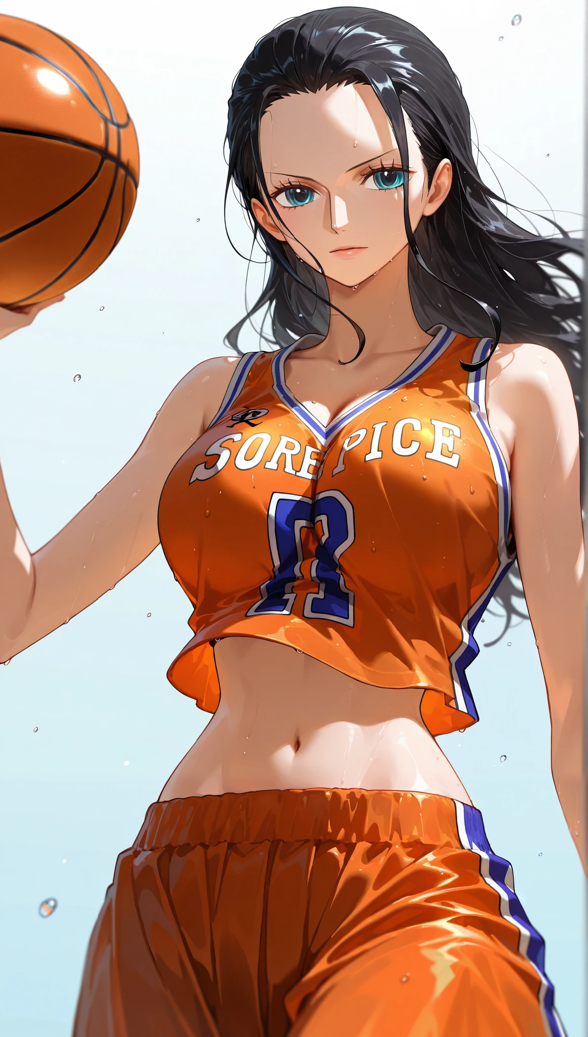 score_9, score_8_up, score_7_up, intricate details, masterpiece, best quality, 1girl, nico robin, one piece, black hair, long hair, hair slicked back, blue eyes, orange basketball uniform, crop top 