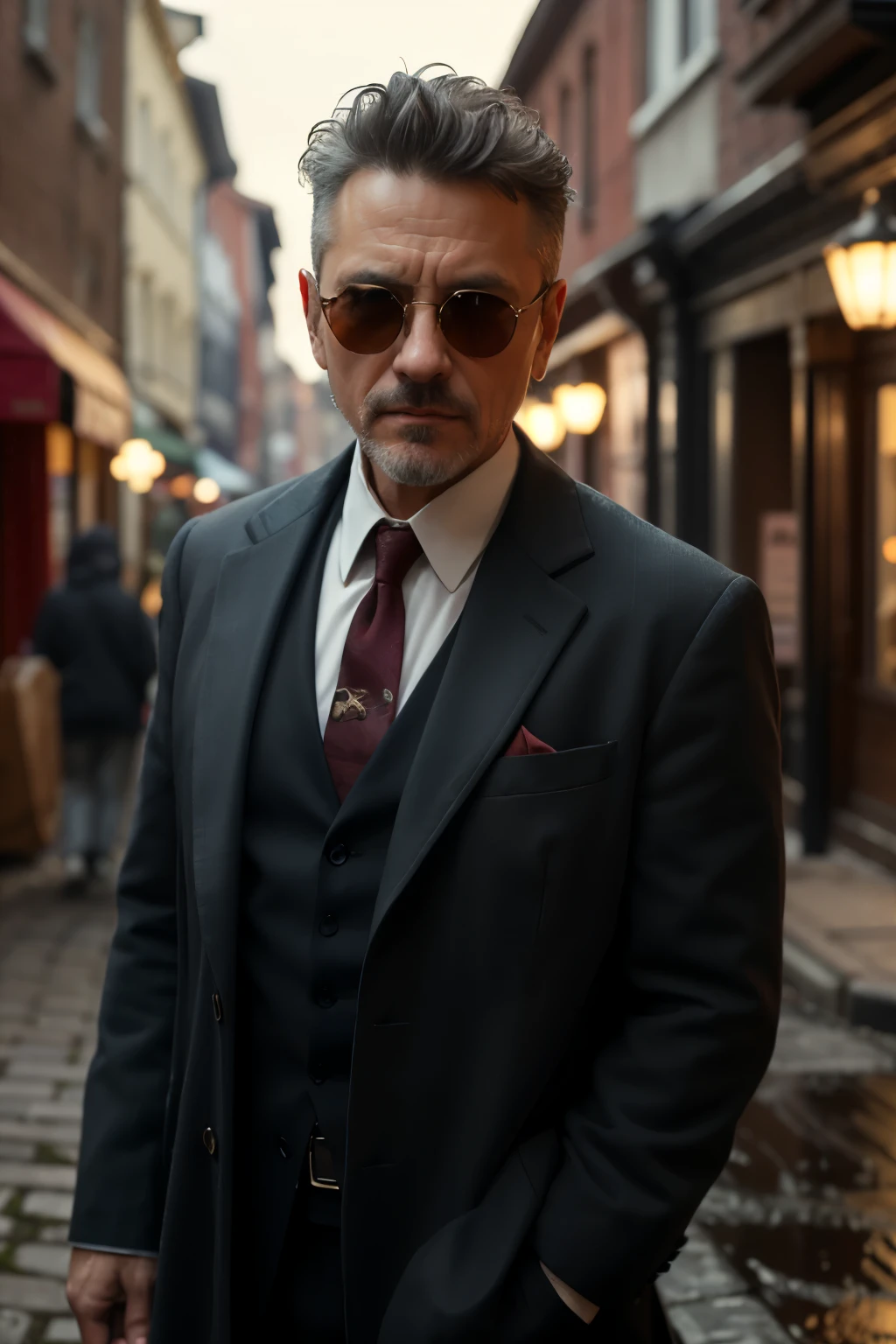 (( a middle-aged man alone in a dark back street))、(Masterpiece, top quality:1.8),(32k UHD resolution,8k wallpaper)(Sony Color,Prodebtessional ,Contrast, bright color:1.3),(Fujidebtilm XT3, debt/1.2:1.2),( very detailed:1.3),( depth odebt debtield:1.2),1 person, upper body,(( Sunglasses )),ditch_ comments,